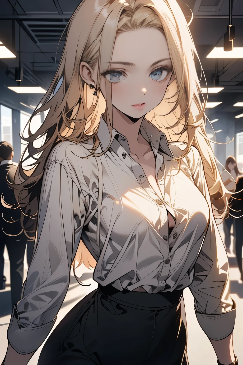 photo of 1girl in, teenager, Solo, Aesthetic artwork, (blond, straight blonde hair, super long blonde hair:1.35),  ((portrait)), ((light blue eyes, small freckles, pale skin:1.2)), (thin hips, thin waist, runners body: 1.25),  (A-cup, small breasts: 1.4), (wearing business attire, open opaque shirt, showing her breasts, sexy skirt: 1.5)), (high detailed office building: 1.3), (realistic photo, best quality, detailed), (8k wallpaper), (cinematic lighting, dramatic lighting) (sharp focus, intricate)