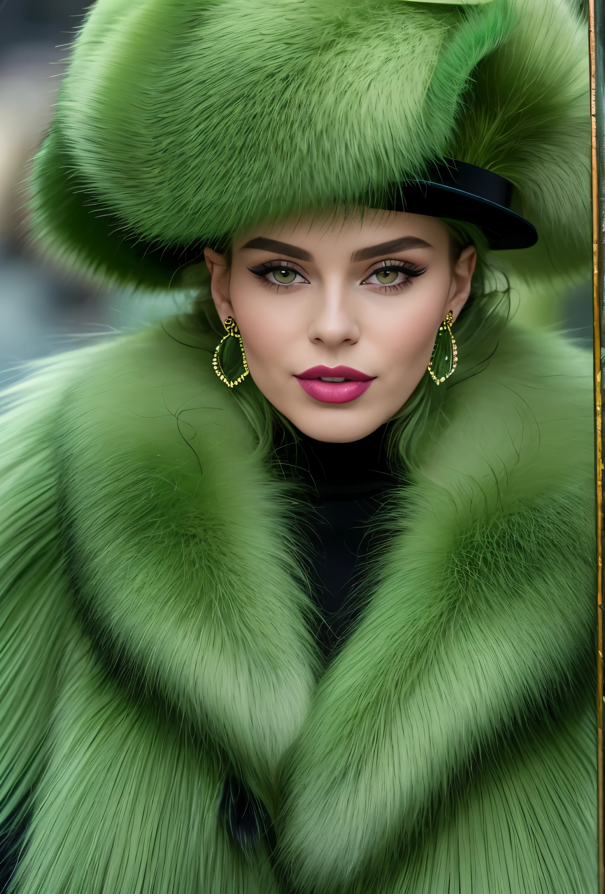 a close up of a woman wearing a Light Green hat and earrings, sleek dark fur, Light Green Fur, Russian style, very beautiful fur, fine fur, Dasha Taran, dark fur, Fur details, top hat, Anastasia Ovchinnikova, Light Green hat, synthetic fur, Elena Belova, wearing a top hat, Julia Gorokhova