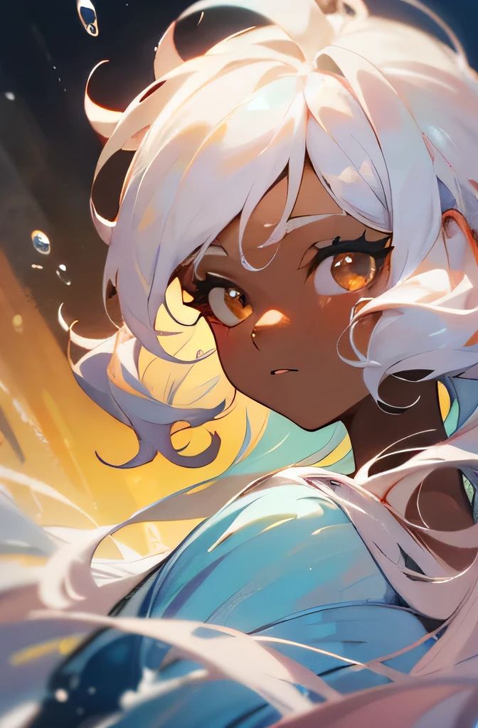 Masterpiece, Best Quality, in 8k resolution, cute face, tanned skin, dark skin, intriciate detail, a beauti, brown Eyes, Golden Ratio Face, white hair, curly hairOtherworldly liquids, watercolor, pastel colours, bright colors, Whimsical, colourfull, Sharp focus, high resolucion, delicate detail, princess layered ballgown, ((round eyes)), Iridescent bubbles, Magical