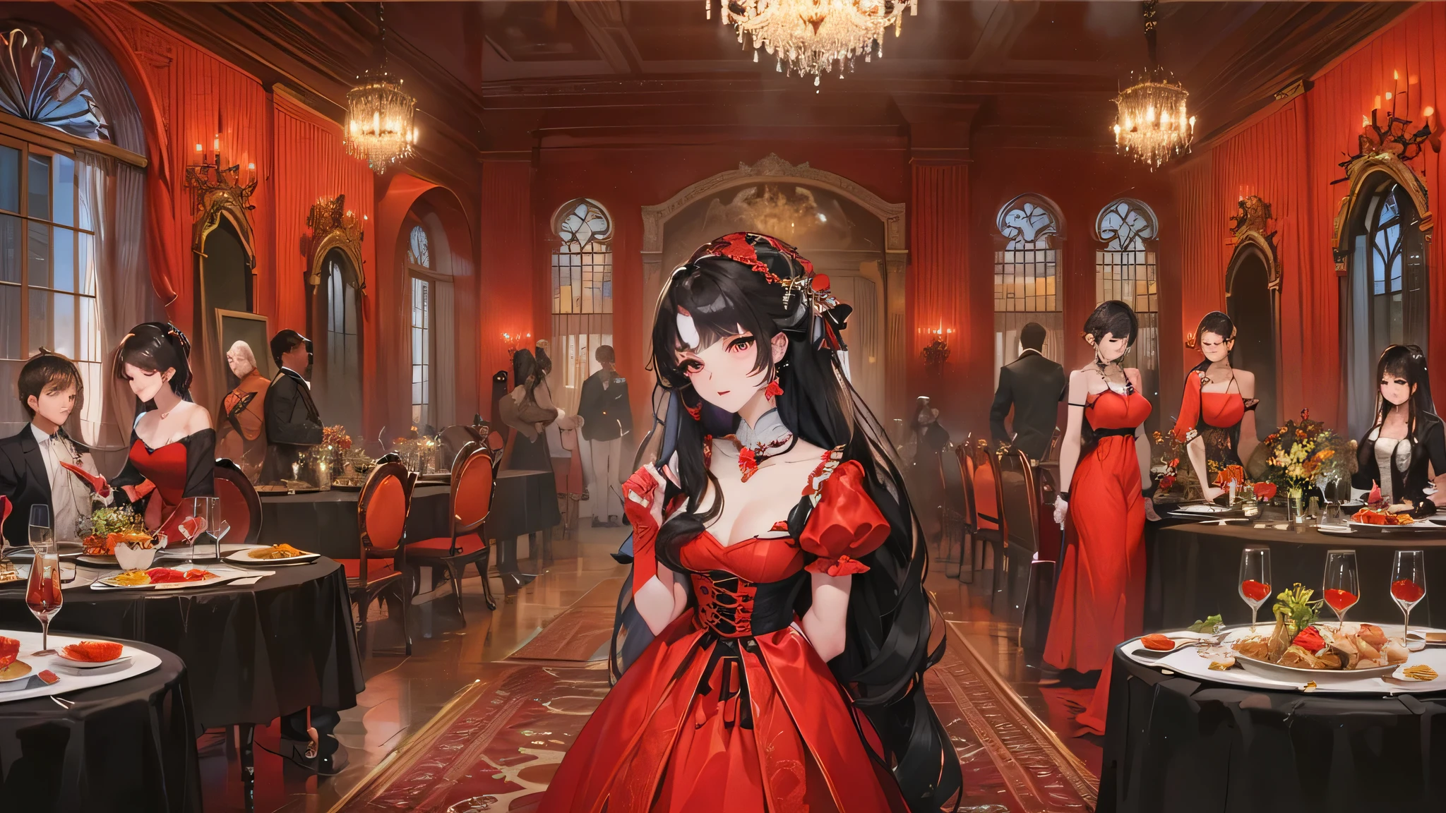 perfect anatomy, masterpiece:1.4, best quality, 8k, beautiful detailed grow, daydreaming expression, (nobles Style) (in The nobles' dinner party), (10 people and 1 femdom), break, (in a red immensely beautiful red Queen's Dress, solo straight black hair long hair beautiful femdom girl, 18 yo, detailed cute red eyes), (make-up face), bigboobs.