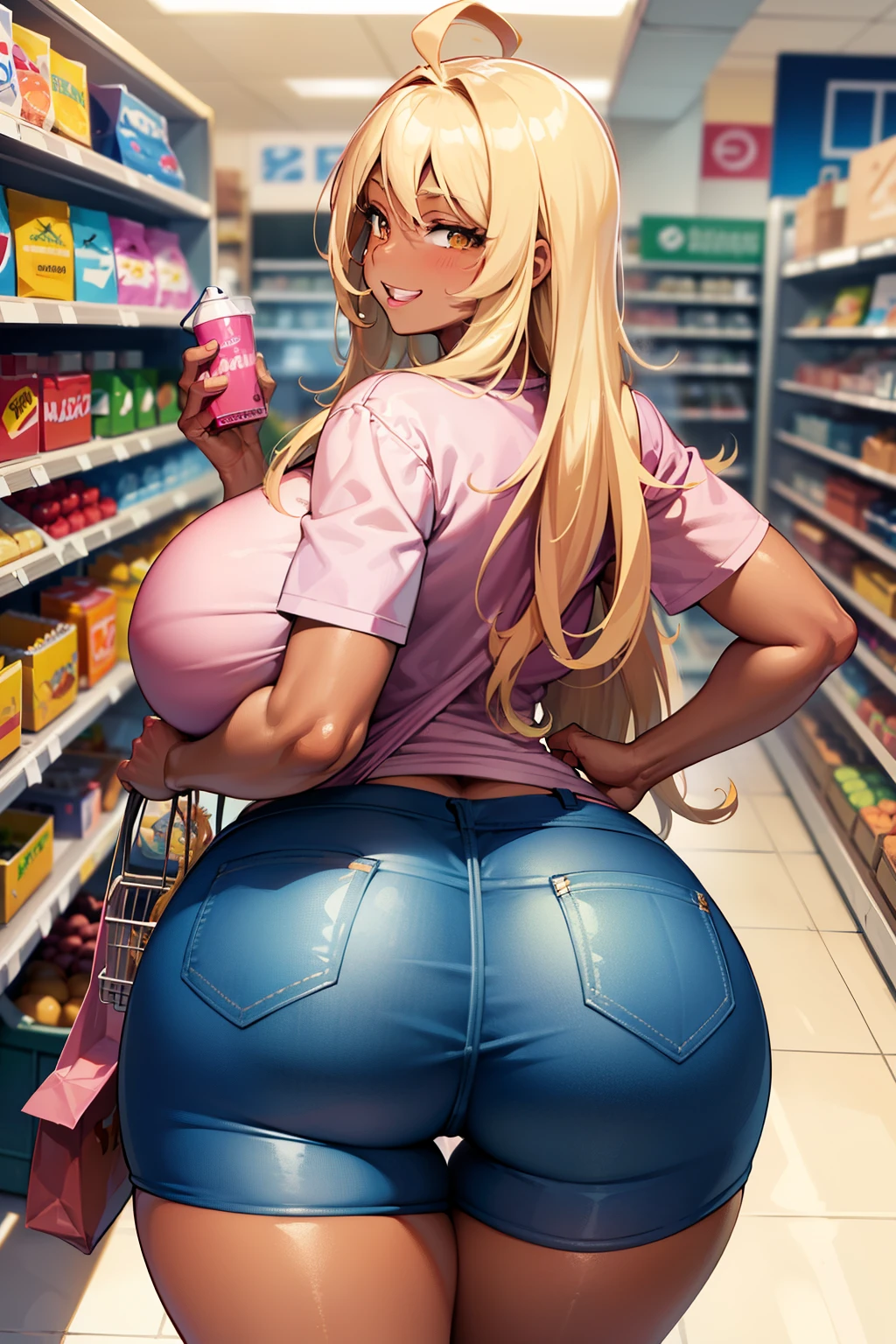 Best quality, massive breasts, massive ass, very curvy, dark brown skin, long blond hair, yellow eyes, slutty, gyaru, full lips, seductive, smiling , blond hair, gyaru, darkskin, blonde, pink shirt, light blue short pants , beachtown,huge ass, darkskin, tan, Curaçao, walking through grocery store, grocery shopping, light blue shorts, light blue short pants, pink shirt, light pink shirt, at golden hour, orange sky, huge ass, huge , sexy, nsfw, curvy woman, huge ass, light blue tiny pants, really tiny pants, sunset, darkskin, pink shirt, shopping,, black skin, grocery shopping, grocery store, shopping bags