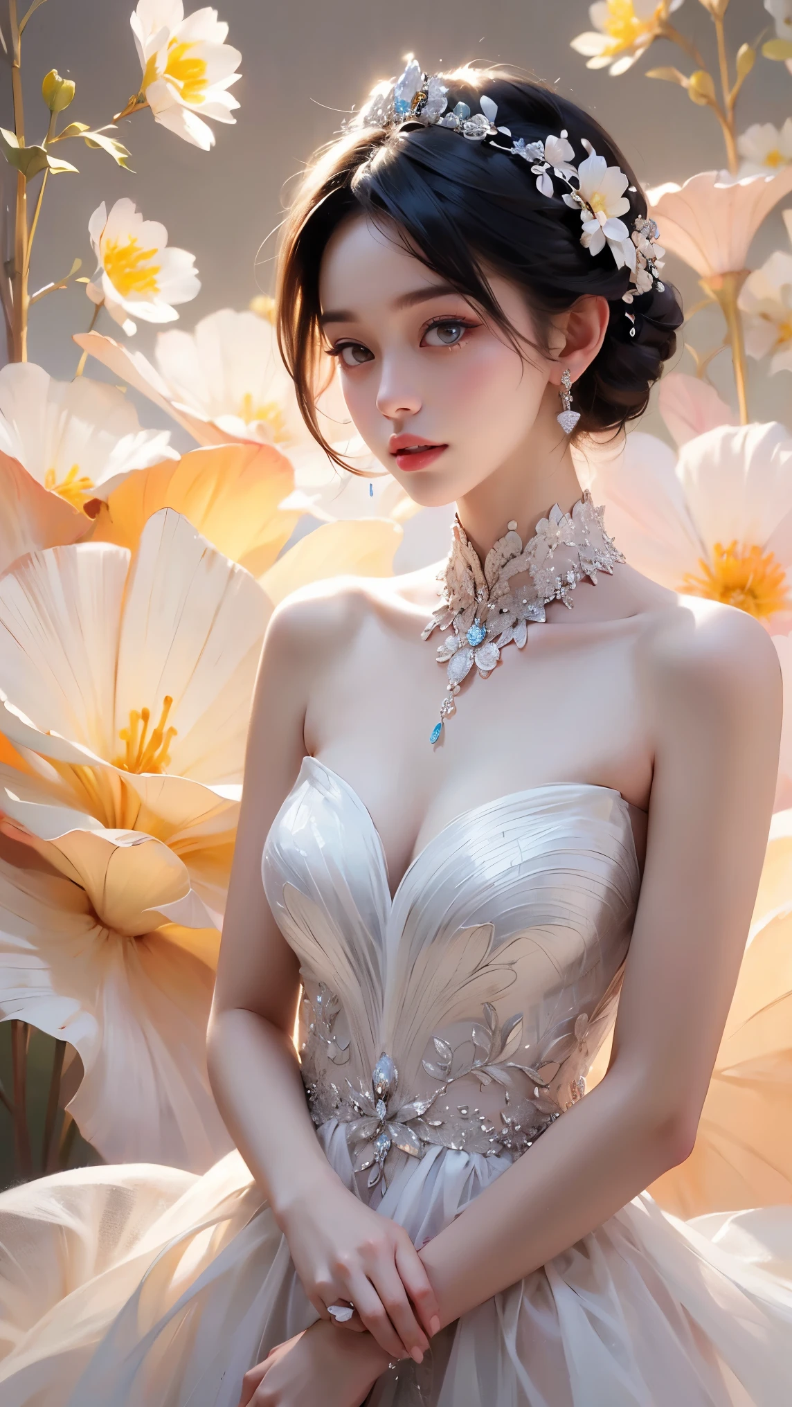 masutepiece, Best quality, (1womanl), Ultra-detailed, finedetail, A high resolution, 8K picture quality, hyper HD, Perfect dynamic composition, Beautiful detailed eyes,  Natural lips, Orange and white floral knitted dress, extra very short hair, abstract backgrounds, is shy, Diffused neon in the background,