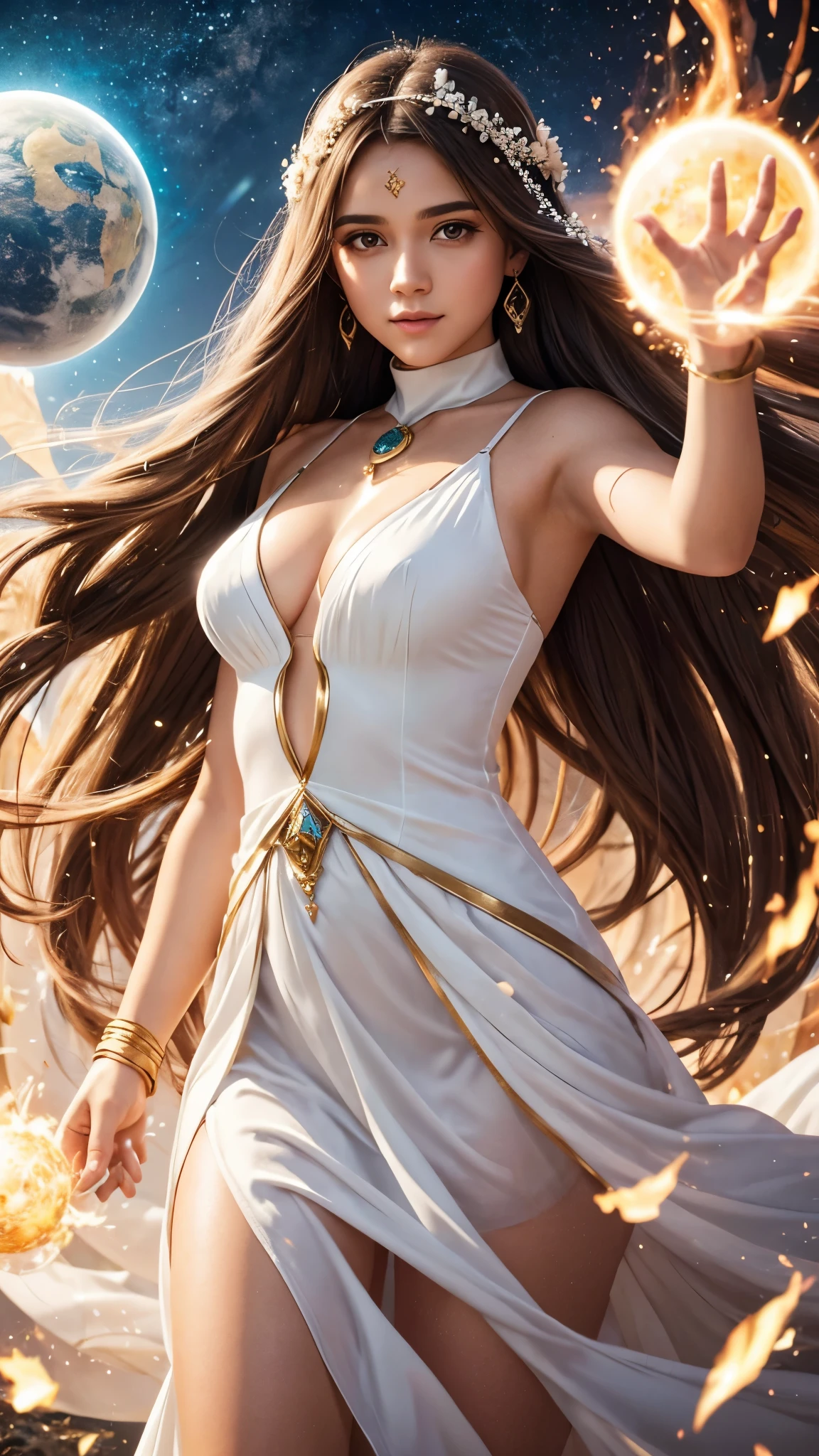 Magical woman with brown eyes and long hair wearing white dress and energy orbs the four elements highest quality artwork 8k 