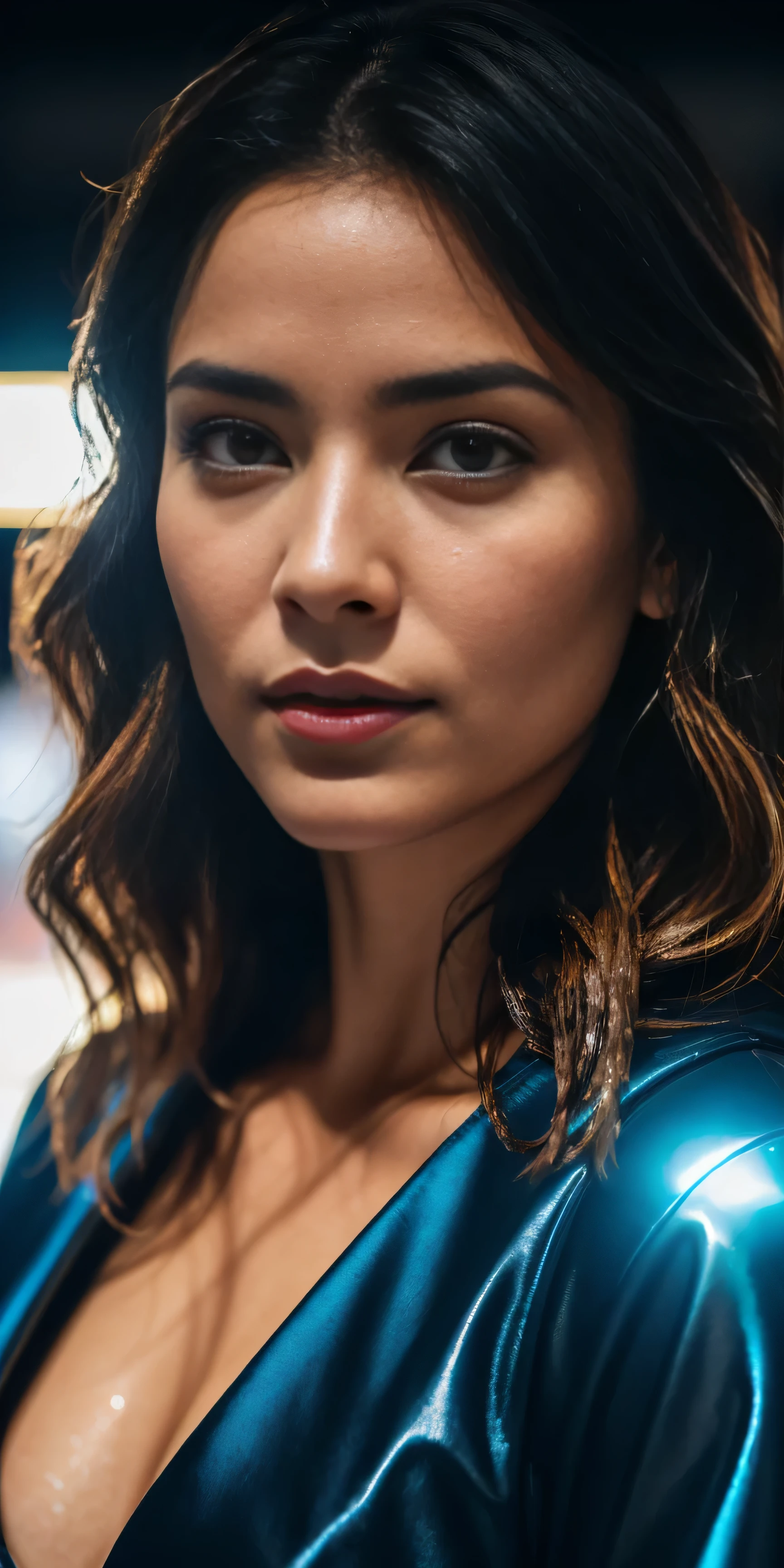 Full face portrait photo of a 25 year old European girl, CRUDO, Mujer hermosa, labios semiabiertos de fresa, hojos azules naturales, hoyuelos, melancholic look, (extra long wavy brown hair), ((detallado face)), ((detallado facial featureinely detallado skin), pale skin, (deep neckline detallado high-tech cyberpunk dress), (cold colors), wet, wet, reflection masterpiece) (perfect proportion)(foto realista)(Mejor calidad) (detallado) filmada con una Canon EOS R5, Lente de 50 mm, F/2.8, HDR, (18K) (fondo de pantalla) (cinematic lighting) (dramatic lighting) (sharp focus) (intrincado),CRUDO photo, foto de gigachad, posing for the camera, 18K uhd, DSLR, alta calidad, grain film, Fujifilm XT3