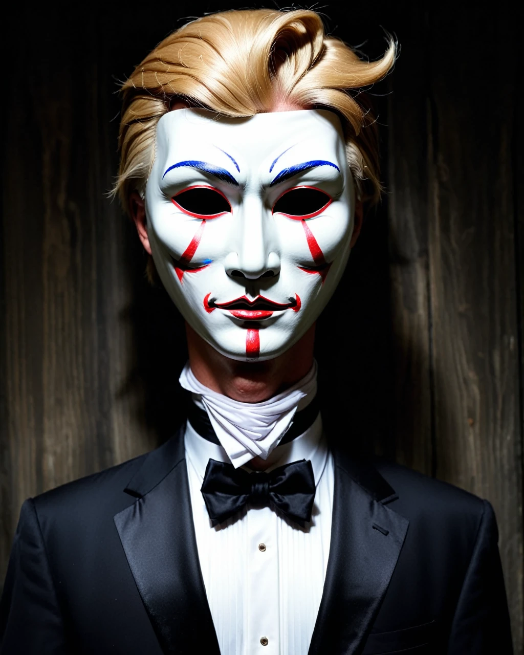 tuxedo、Trump man、Noh mask expressionless、Unlucky、eerie atmosphere、In the terrible darkness、lurking evil spirit