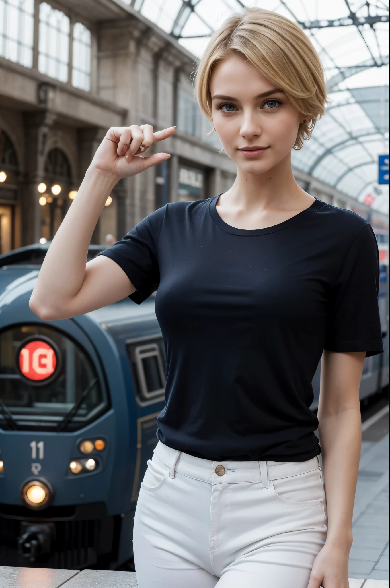 masterpiece, best quality, extremely detailed, hyperrealistic, photorealistic:1.1, a beautiful 20s french model, ultra detailed face, train station, plane navy t-shirt:1.2, short hair, blonde hair, pale skin, busty breasts, sly smile:1.1, raising a hand, perfect hand