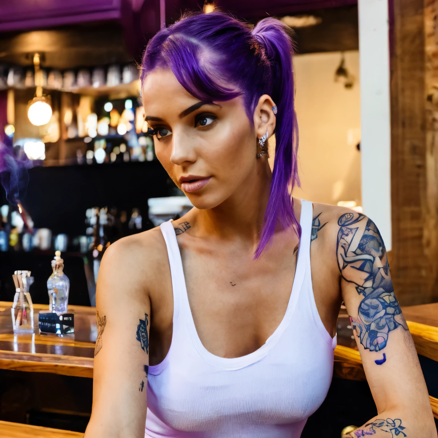 Young woman of 24 years, sitting at a table in a bar reading a newspaper, with a serious face, vivid real black eyes, short black hair, with a burgundy blazer with buttons, realistic hands with tattoo on the right arm, is leaning on a mahogany bar table, background image of a modern British bar, with a few beater bottles on the table, photorealistic, 12k, ultra realistic photo, real colors, vivid colors, high definition picture