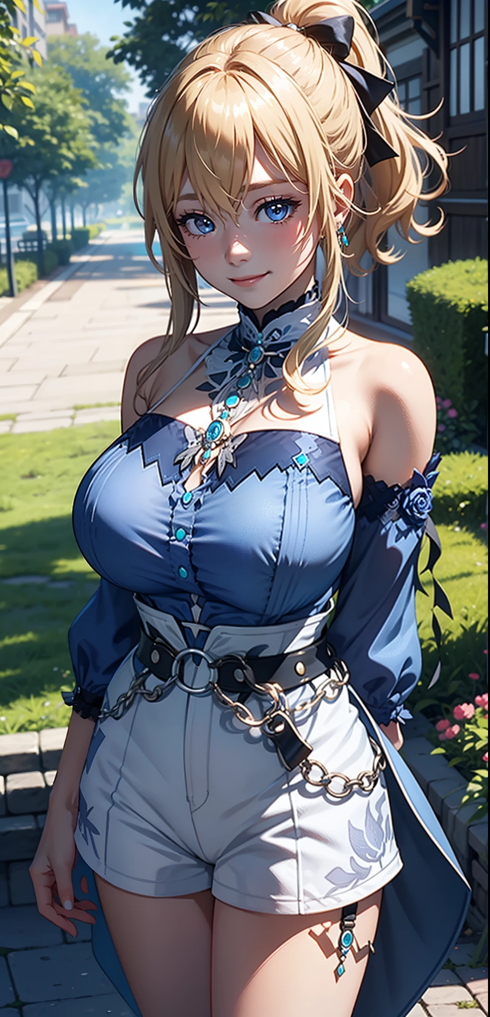 Masterpiece, high quality, 8k, ultra detailed, detailed face, standing, blush, bright eye, outdoors, (detail face), jeanseabreeze, stand up straight, smile, (gigantic breast)