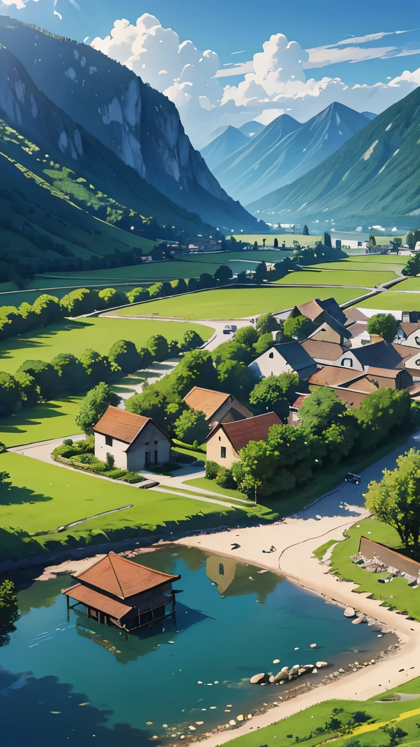 View of a Small Village: A scene depicting the serene and peaceful atmosphere of a small village.