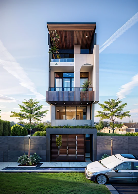 (masterpiece),(high quality), best quality, real,(realistic), super detailed, (full detail),(4k),8k,modern house exterior design,Modern architecture,Beautiful_sky,Day light, no_humans, outdoors,sky,tree,Garden flower front of building
