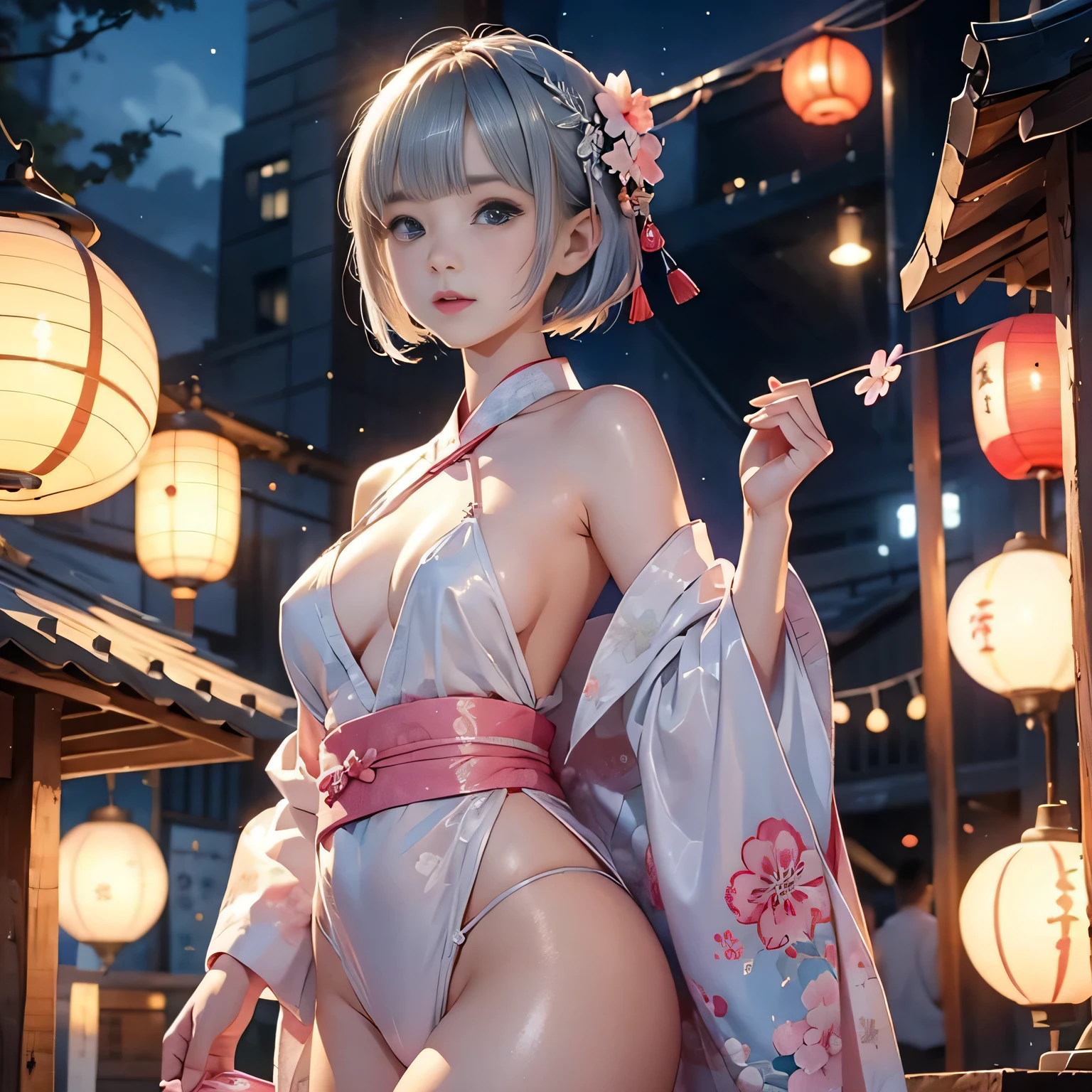 ((1girl,cute,japanese,young,short beautiful silver hair,pixie cut,blunt bangs,beautiful blue eyes)),
(solo),(japanese beautiful floral kimono,yukata),((topless, beautiful medium , pink nipples)),gleaming skin,Vulgar,(nsfw),low angle,from below,((masterpiece, highest resolution,best quality)), (beautiful illustration), (looking at the viewer), ((elegant beautiful white double-string tied panties)),innocent smile,Embarrassed,mouth open,cinematic lighting and pause,beautiful japanese festival,fireworks,flowers,stall、stall,crowded,night,