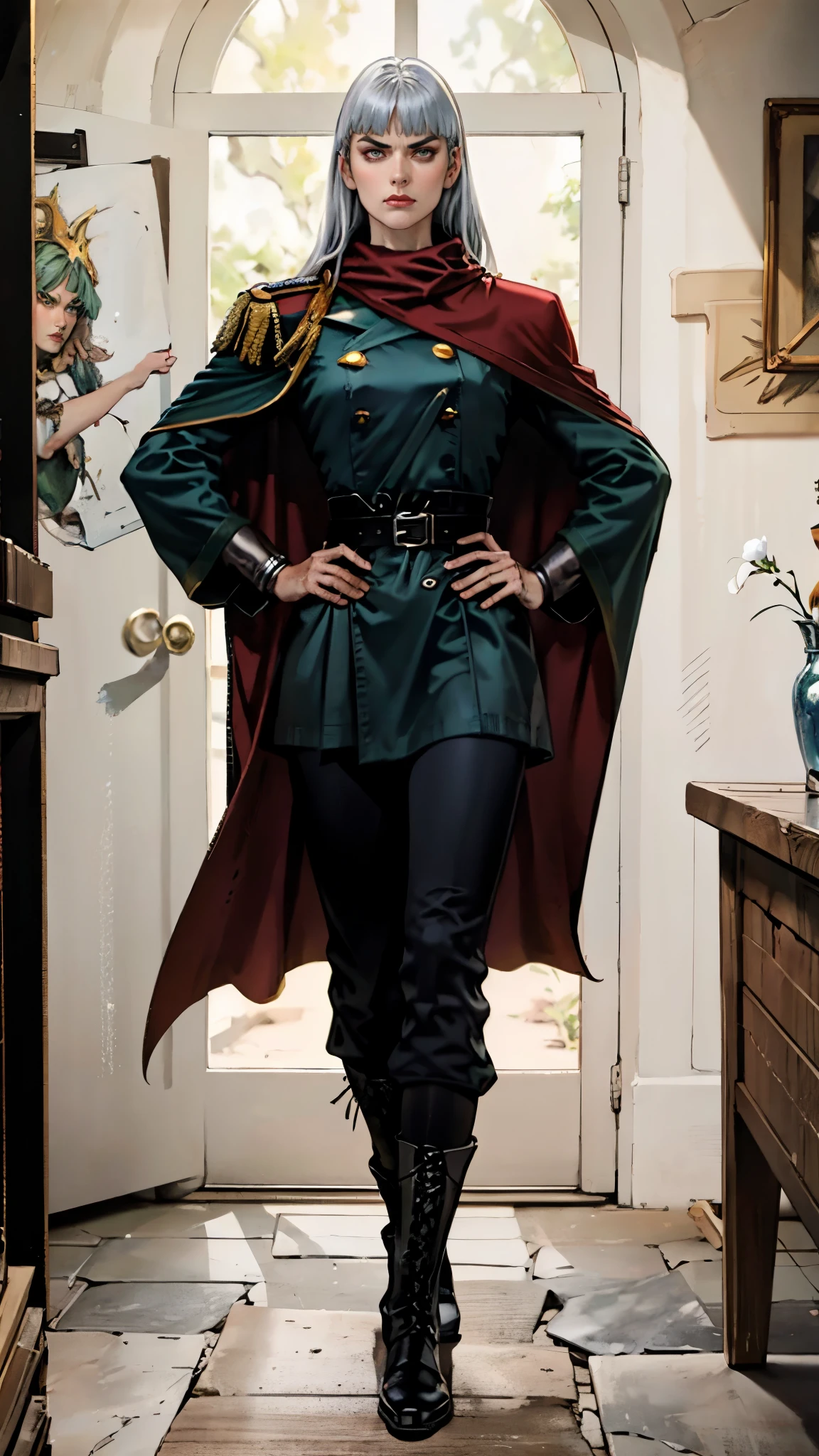 A woman with long platinum blonde hair, choppy bangs, arched crescent eyebrows, sharp and determined eyes, a delicate oval face, a serious expression, a fantasy-style dark green military coat, draped with a dark red waist-length cloak, military trousers, leather combat boots, silver greaves leggings, one hand on her hip, standing in a spacious training ground, this character embodies a finely crafted fantasy-style female military officer in anime style, exquisite and mature manga art style, pale skin, high definition, best quality, highres, ultra-detailed, ultra-fine painting, extremely delicate, professional, perfect body proportions, golden ratio, anatomically correct, symmetrical face, extremely detailed eyes and face, high quality eyes, creativity, RAW photo, UHD, 32k, Natural light, cinematic lighting, masterpiece-anatomy-perfect, masterpiece:1.5