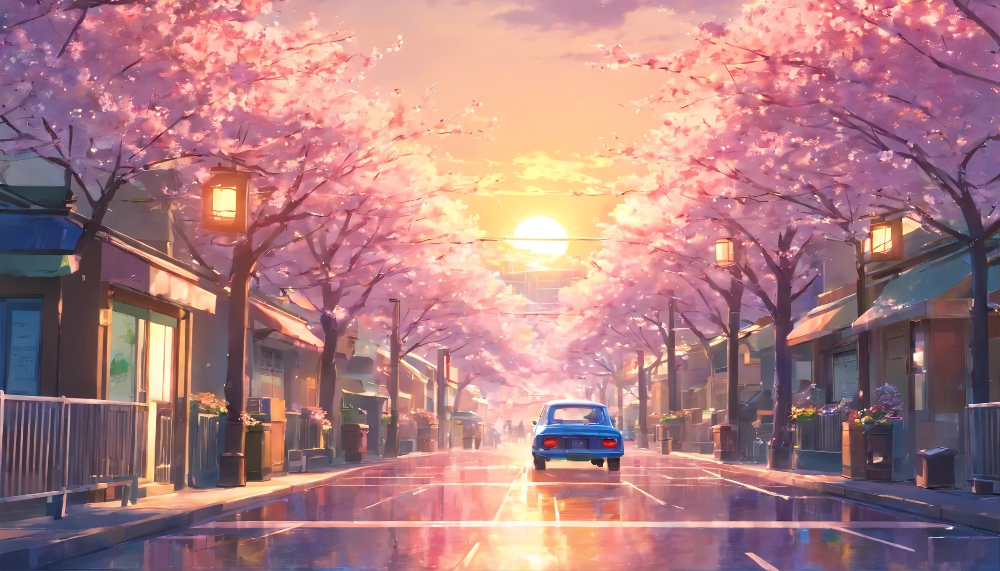 makoto shinkai,makoto shinkai&#39;style,cherry blossoms,city,makoto shinkai's style,Japanese,cherry blossoms並木の国道,a lot of cars