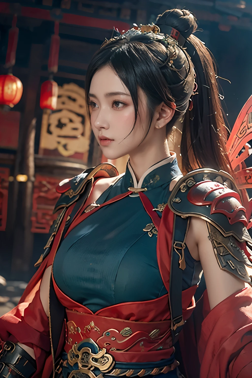 Masterpiece,Game art,The best picture quality,Highest resolution,8K,(Portrait),Unreal Engine 5 rendering works,(Digital Photography),
Girl,Beautiful pupil,(Gradual short hair is blue and red),Busty,(Big breasts),(Portrait photography:1.5),
(A chivalrous woman in Tang Dynasty),Casual hairstyle,Delicate faces,(Full breasts,Big breasts),Serious,Cool and elegant,(Wearing combat armor combined with the characteristics of ancient Chinese clothing,A complex pattern,Mysterious light,Hollow Armor),(Red and black),Ancient fantasy style characters
Movie lights,Ray tracing,Game CG,((3D Unreal Engine)),oc render reflection texture