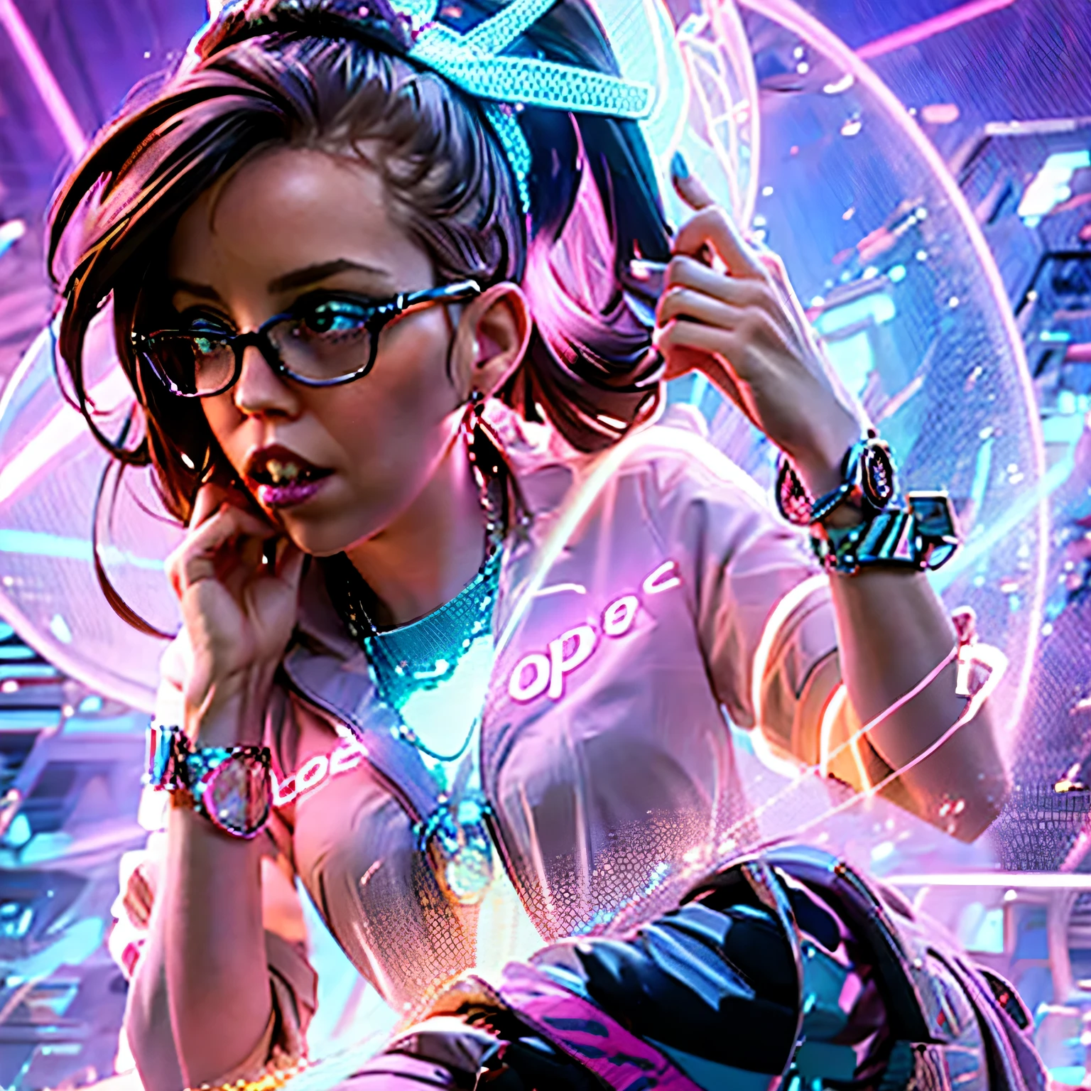 coopie 1girl, a cute girl wearing a sequined little black dress and purple high heels encrusted with diamonds, flowers in her hair, pink ribbon tied to her high pony tail, biting bottom lip, sexy and seductive look, sparkly eyes, round dark-framed eyewear, diamond bracelets, big hoop earrings, synthwave vibes, pink blue and purple neon lights and glows, brown hair, Surrealism, high detail, Futurism, backlighting, ray tracing, god rays, glowing light, sparkle, chromatic aberration, cinematic lighting, depth of field, motion lines, UHD, masterpiece, ccurate, super detail, best quality, 16k