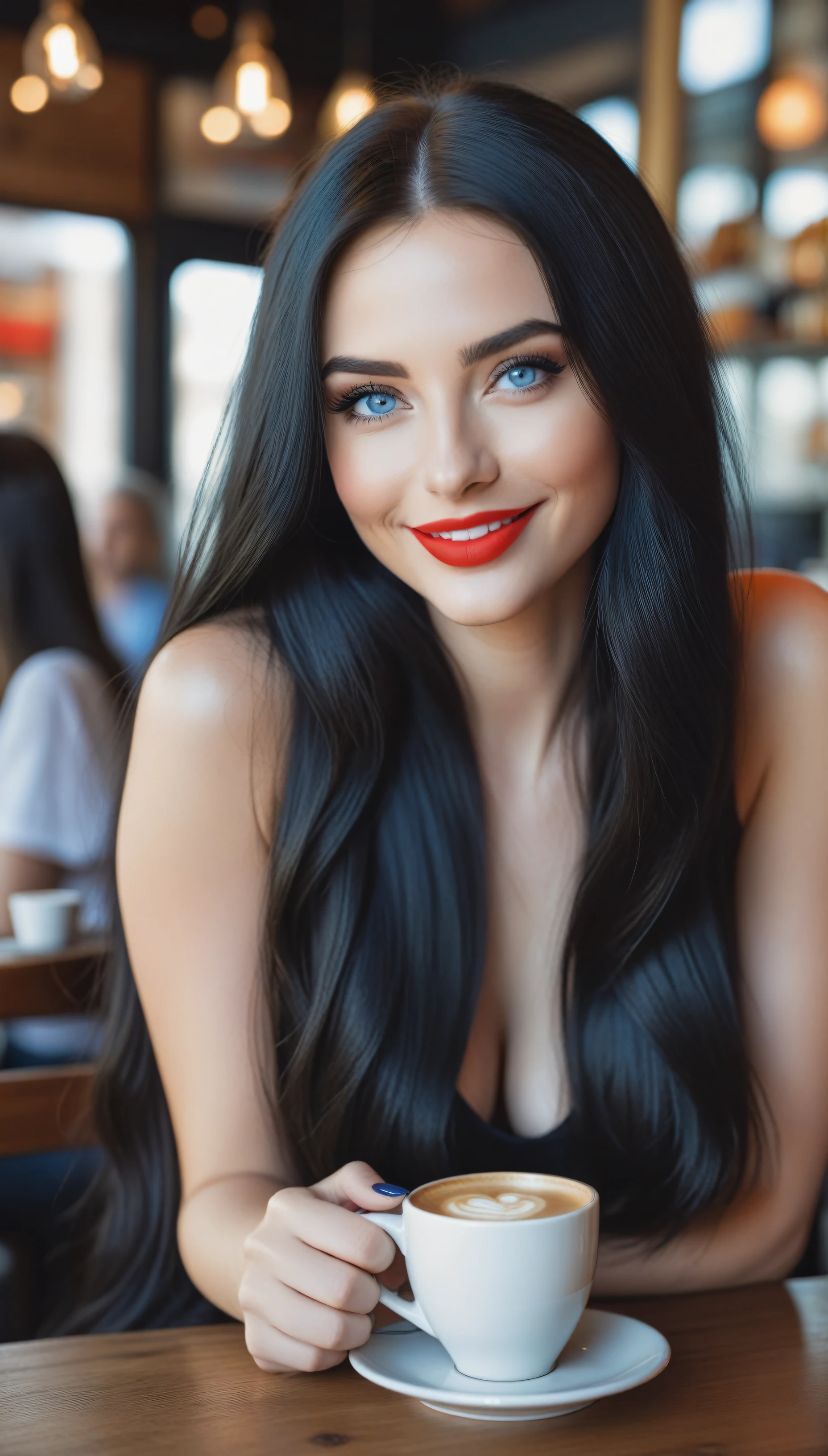 Realistic photo of a beautiful sultry woman with dark black long hair, hair roots slightly faded, English, influencer, soft blue eyes, light makeup, red lips, smiling, instagram, hyperdetailed photography, soft light, full body image drinking coffee in a busy restaurant