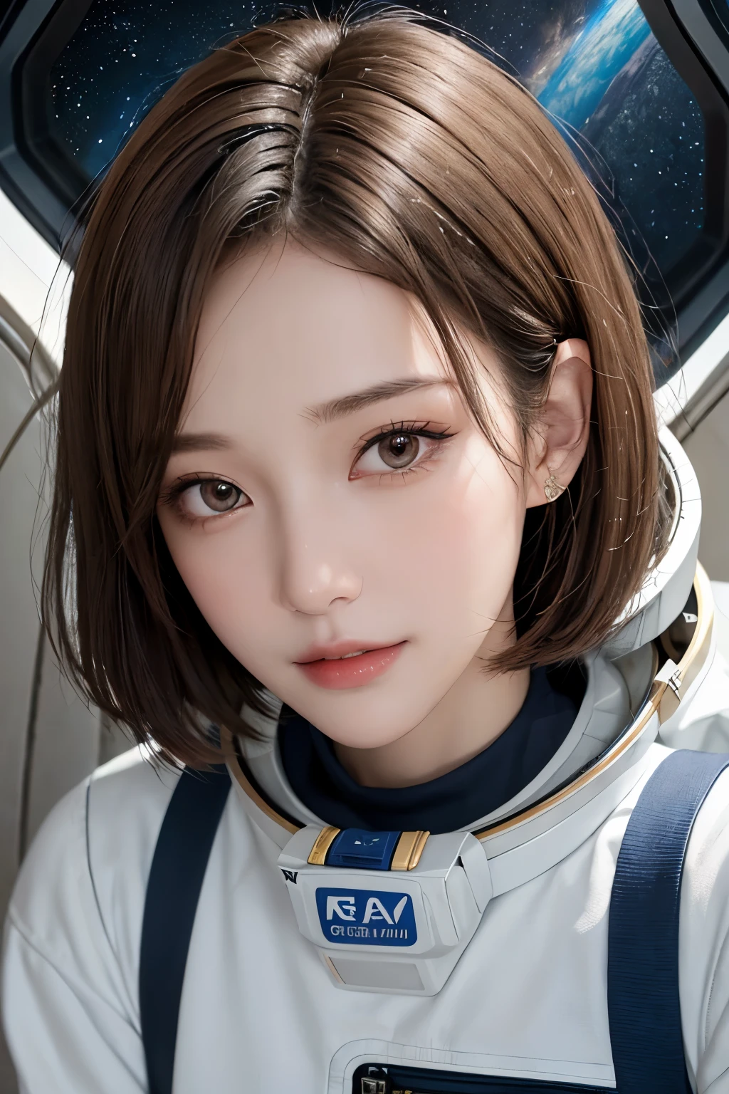 highest quality、masterpiece、ultra high resolution、(real:1.4)、Beautiful woman1、Beautiful details of eyes and skin、light brown short cut hair、small smile、latest space suit、space station、spaceship、Remains、cloudy sky、