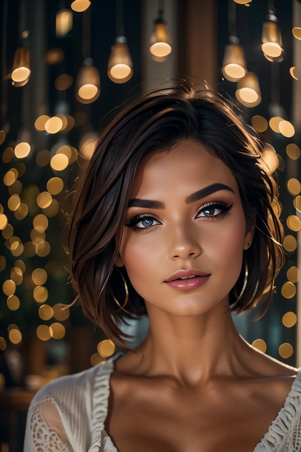 Night, RAW Photography, (((Very Beautiful Portrait))), (Very Beautiful Portrait))), 1 Girl, Sexy 25 Year Old Girl, ((Natural Brown Hair with Short Cuts)), [Brown Eyes],Gentle Smile Staring at the Camera(cleavage), ((Masterpiece, Best Quality, Ultra Detail, Cinematic Lights, Intricate Detail, High Definition, 8k, Very Detailed)), Detail Background, 8k UHD, DSLR, soft lighting, high quality, film grain, fujifilm XT3, shallow depth of field, natural light, perfect face