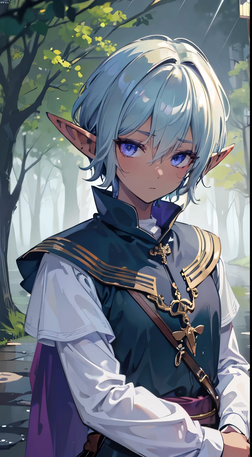 (masterpiece, Best quality, ultra high resolution, wallpaper, amazing), (Guy Elf:1.4), dark skin, femboy, Thick short hair, Blurred vision, lilac eyes, Cute face, On a forest road in the rain, beautiful and detailed face, detailed eyes, Priest's Attire, DND style