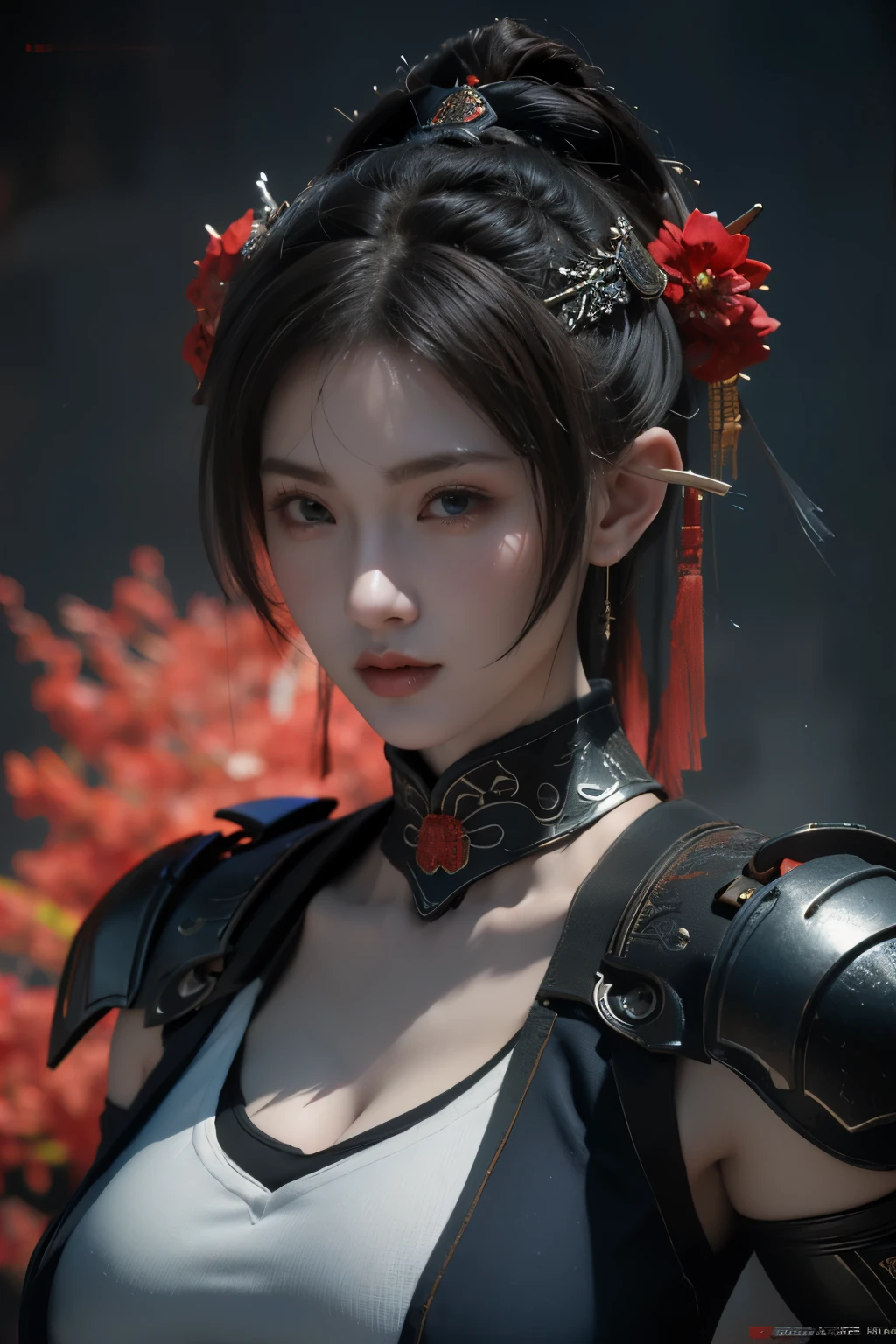 Masterpiece,Game art,The best picture quality,Highest resolution,8K,(Portrait),Unreal Engine 5 rendering works,(Digital Photography),
Girl,Beautiful pupil,(Gradual short hair is blue and red),Busty,(Big breasts),(Portrait photography:1.5),
(A chivalrous woman in Tang Dynasty),Casual hairstyle,Delicate faces,(Full breasts,Big breasts),Serious,Cool and elegant,(Wearing combat armor combined with the characteristics of ancient Chinese clothing,A complex pattern,Mysterious light,Hollow Armor),(Red and black),Ancient fantasy style characters
Movie lights,Ray tracing,Game CG,((3D Unreal Engine)),oc render reflection texture