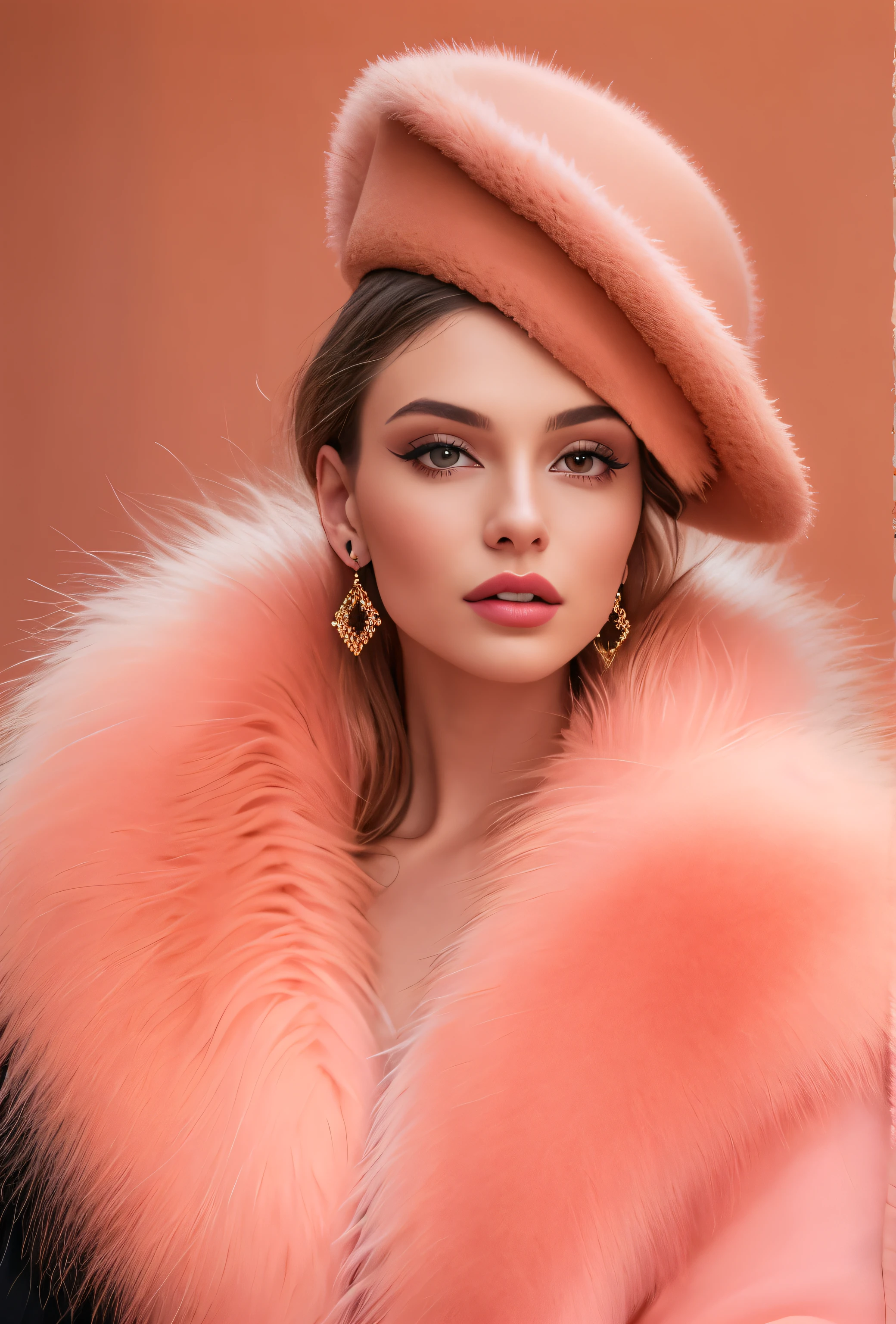 a close up of a woman wearing a Salmon Pink hat and earrings, sleek dark fur, Salmon Pink Fur, Russian style, very beautiful fur, fine fur, Dasha Taran, dark fur, Fur details, top hat, Anastasia Ovchinnikova, Salmon Pink hat, synthetic fur, Elena Belova, wearing a top hat, Julia Gorokhova