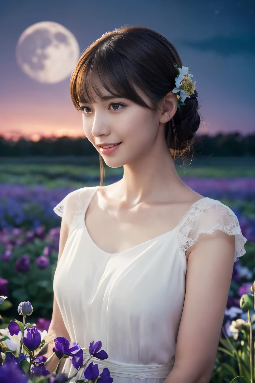 ((table top:1.4, highest quality)), (realistic pictures:1.4), 
((1 girl)), (Pure actress), (dream-like),
(超High resolution:1.2), very delicate and beautiful, wonderful, Highly detailed CG Unity 8K wallpaper, Super detailed, High resolution, 
soft light, beautiful detailed girl, highly detailed eyes and face, beautifully detailed nose, beautiful and detailed eyes, 
(wear a light white dress:1.3), 
cinematic lighting, perfect anatomy, slender body, (parted bangs),
(A girl standing in a flower field on a plateau at night:1.3), (night view:1.3), (A field of flowers illuminated by moonlight々:1.3), (outdoor), (contrast of light and dark), (fantastic beauty),
cowboy shot, looking at the viewer, (smile)
