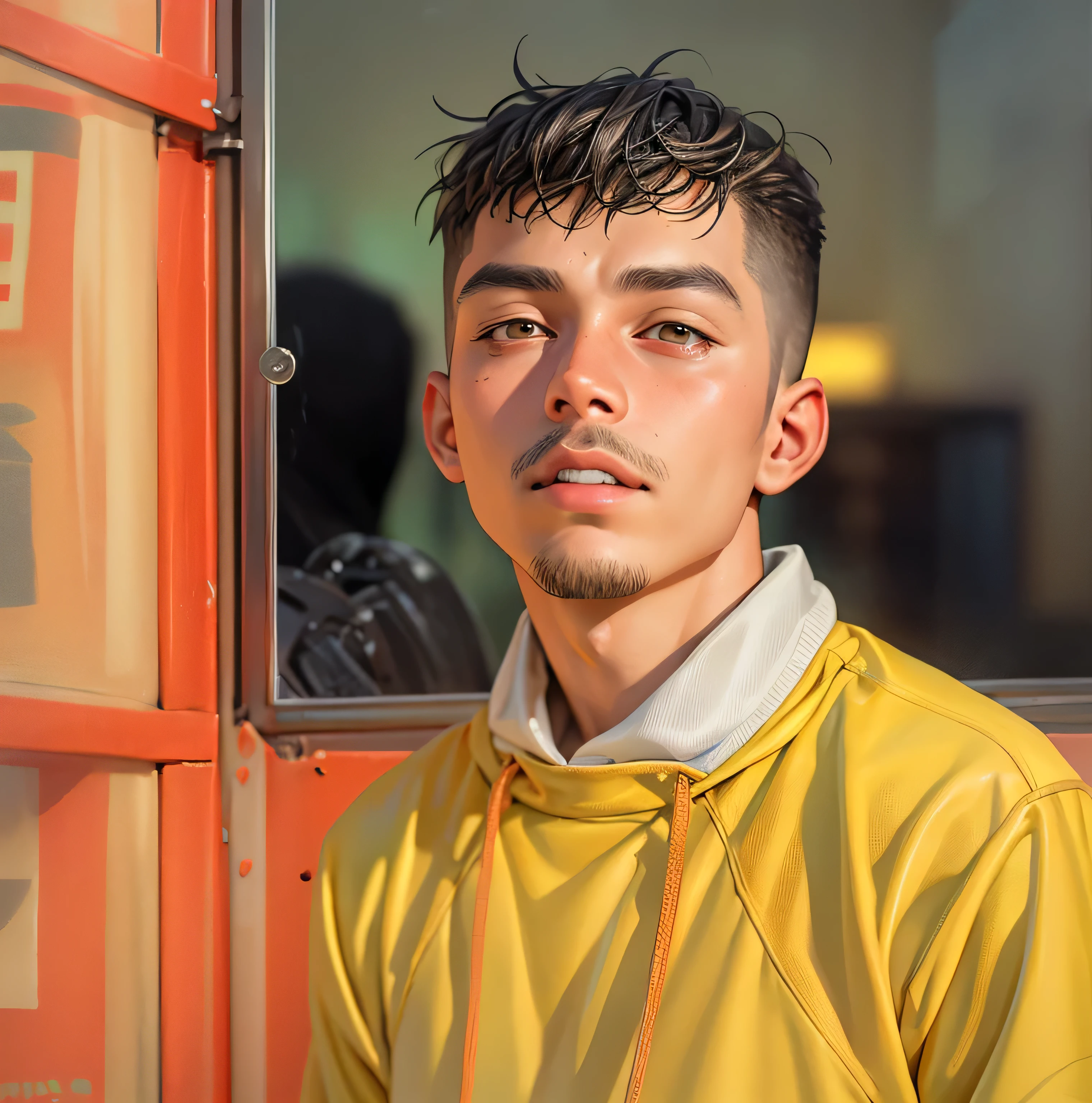 a masterpiece,Bestquality,offical art,8kwallpaper,Extremely Detailed,Illustration,1BOY,Trendy outfits,watch,sneaker shoes,squat down,Hands droop naturally,Hooded jacket,Street side,