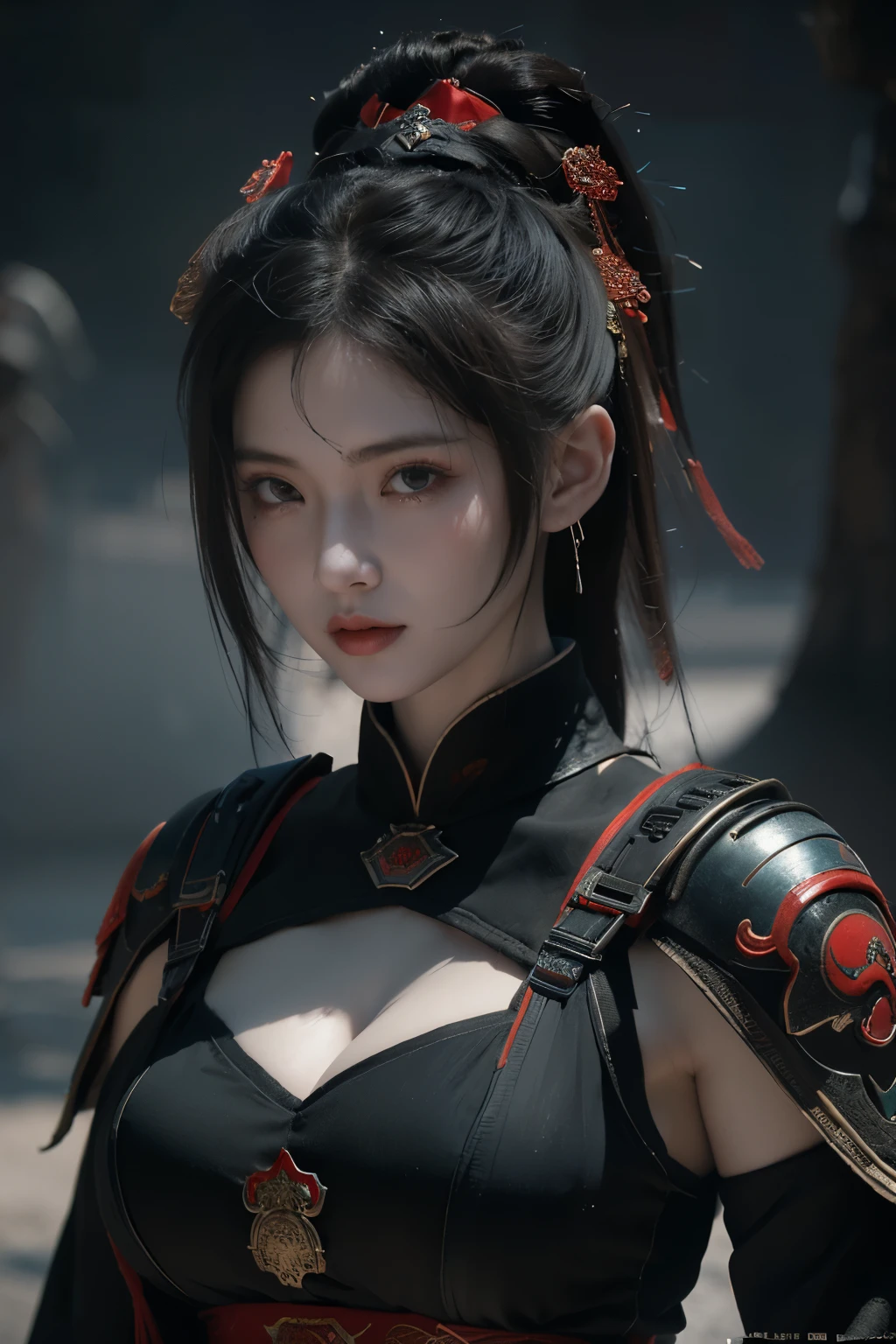 Masterpiece,Game art,The best picture quality,Highest resolution,8K,(Portrait),Unreal Engine 5 rendering works,(Digital Photography),
Girl,Beautiful pupil,(Gradual short hair is blue and red),Busty,(Big breasts),(Portrait photography:1.5),
(A chivalrous woman in Tang Dynasty),Casual hairstyle,Delicate faces,(Full breasts,Big breasts),Serious,Cool and elegant,(Wearing combat armor combined with the characteristics of ancient Chinese clothing,A complex pattern,Mysterious light,Hollow Armor),(Red and black),Ancient fantasy style characters
Movie lights，Ray tracing，Game CG，((3D Unreal Engine))，oc render reflection texture