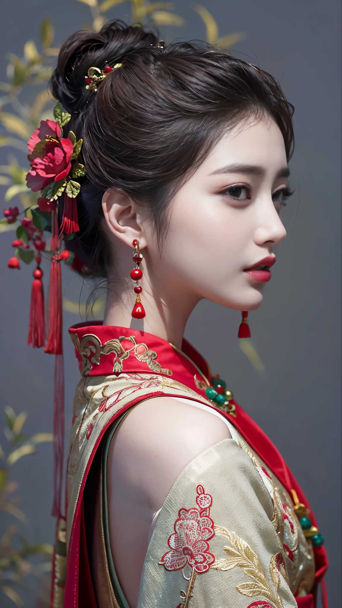 realistic, Highly Detailed CG Integrated 8 thousand Dendenden Wallpapers, Detail, High quality RAW color photos, professional photography, (8 thousand, RAW photos, best quality, table 탑: 1.2), high quality, hyper, pale face, red lips, 8 thousand, chinese makeup, open shoulder, colorful eye makeup, profile, table, wearing ancient chinese clothes, dynasty princess, 꽃과 함께 table에 앉아 있는, (1 woman), (table에 앉아 있는 여자 profile:1.3), (Blur the background), (완벽한 여자 profile:1.4), Concentration, reply, Look at it from the side, Beautiful profile view,