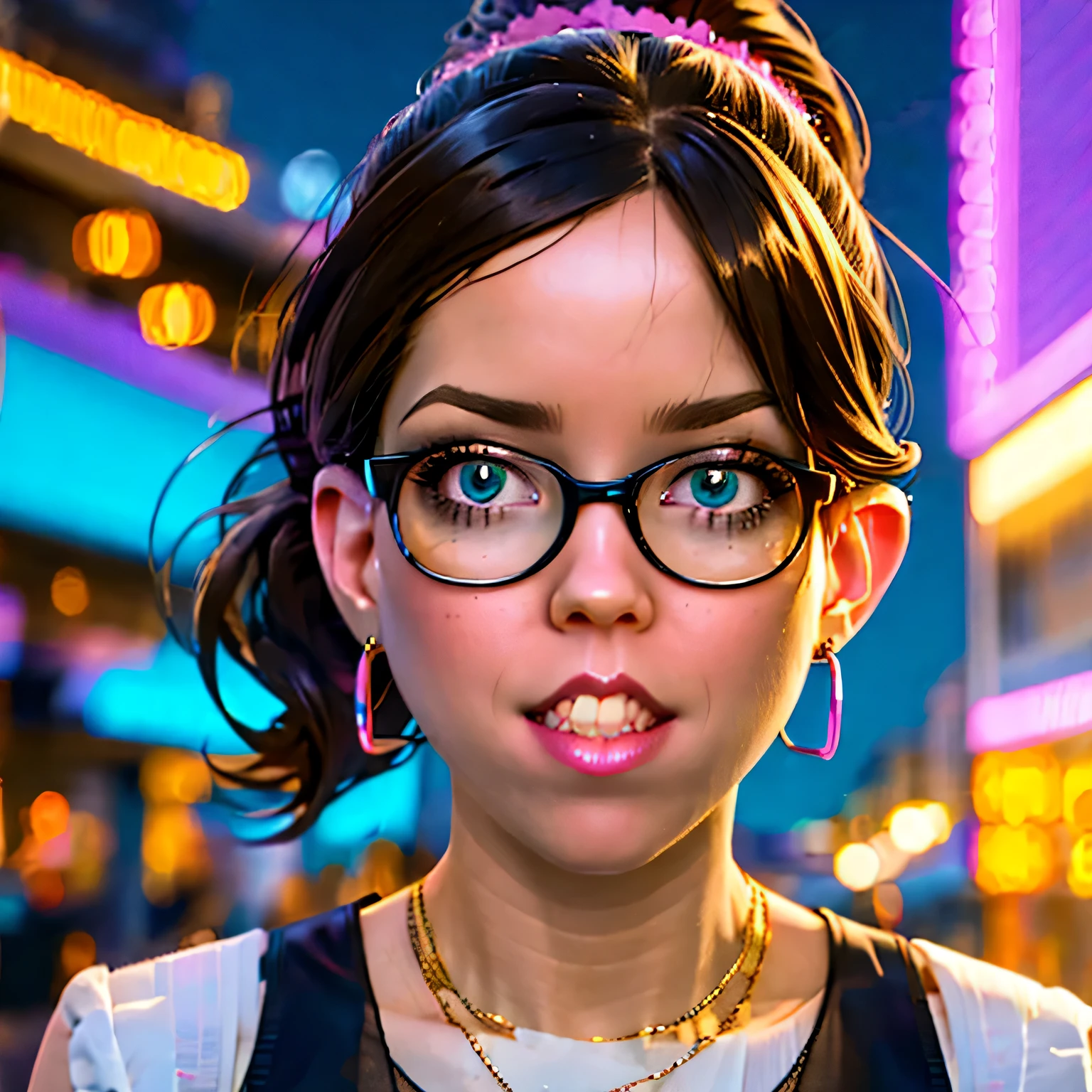 coopie 1girl, a cute girl wearing a sequined little black dress and purple high heels encrusted with diamonds, flowers in her hair, pink ribbon tied to her high pony tail, biting bottom lip, sexy and seductive look, sparkly eyes, round dark-framed eyewear, diamond bracelets, big hoop earrings, synthwave vibes, pink blue and purple neon lights and glows, brown hair, Surrealism, high detail, Futurism, backlighting, ray tracing, god rays, glowing light, sparkle, chromatic aberration, cinematic lighting, depth of field, motion lines, UHD, masterpiece, ccurate, super detail, best quality, 16k