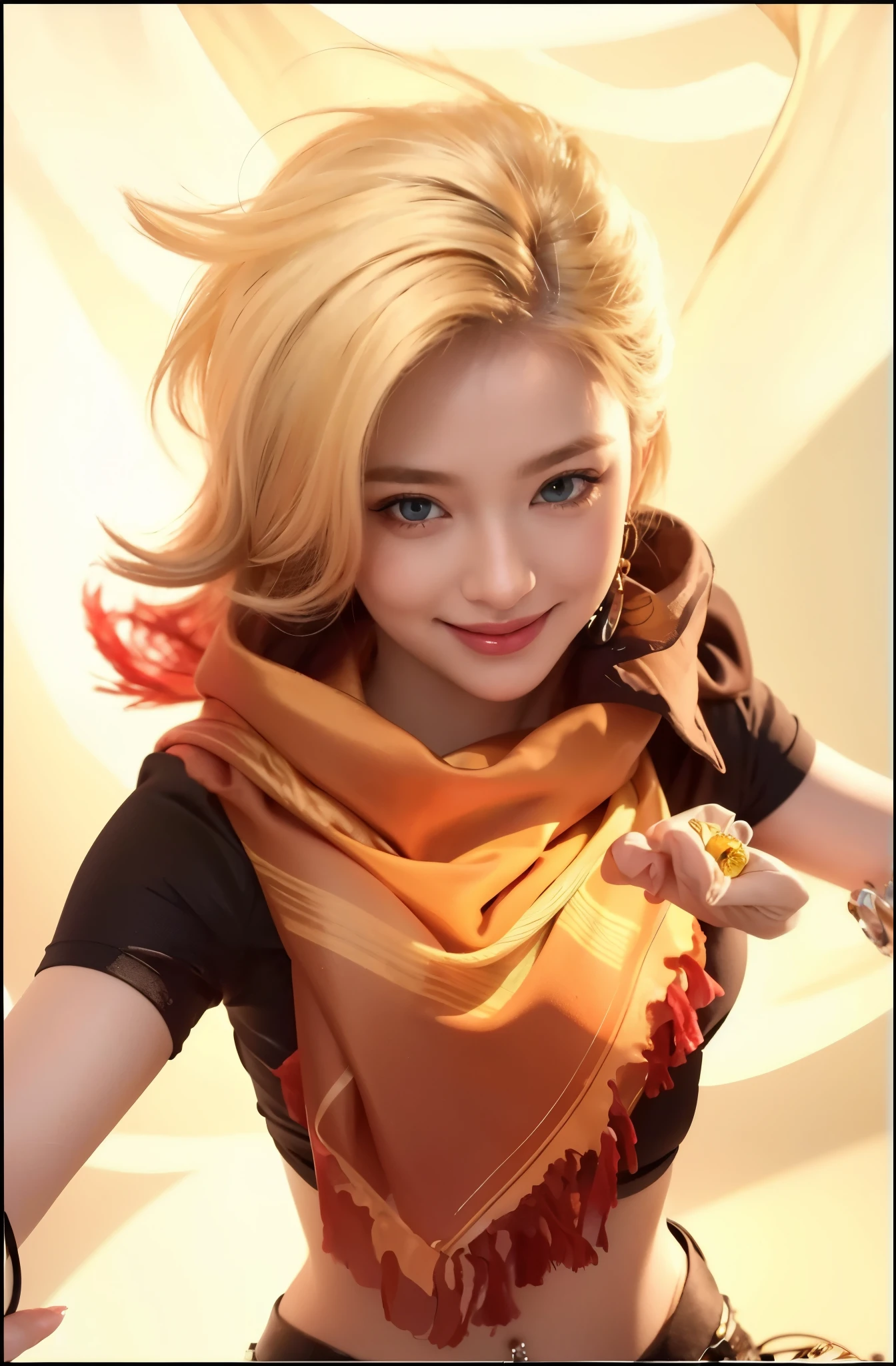 (best quality, highres, masterpiece:1.2),ultra-detailed,(realistic:1.37),portrait,close-up,woman,blonde hair,scarf,beautiful,detailed,eyes,smiling,artgerm style,vibrant colors,warm lighting
