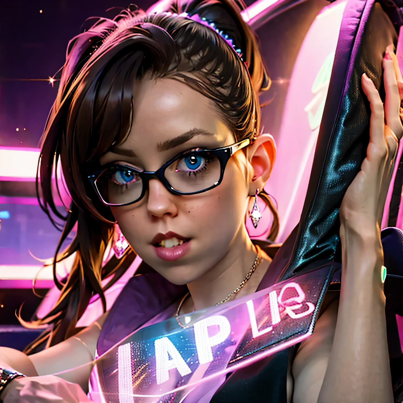 coopie 1girl, a cute girl wearing a sequined little black dress and purple high heels encrusted with diamonds, flowers in her hair, pink ribbon tied to her high pony tail, biting bottom lip, sexy and seductive look, sparkly eyes, round dark-framed eyewear, diamond bracelets, big hoop earrings, synthwave vibes, pink blue and purple neon lights and glows, brown hair, Surrealism, high detail, Futurism, backlighting, ray tracing, god rays, glowing light, sparkle, chromatic aberration, cinematic lighting, depth of field, motion lines, UHD, masterpiece, ccurate, super detail, best quality, 16k