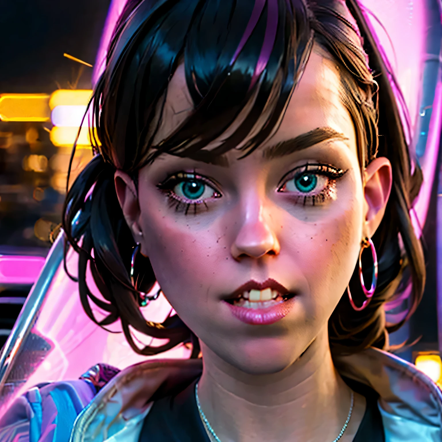 coopie 1girl, a cute girl wearing a sequined little black dress and purple high heels encrusted with diamonds, flowers in her hair, pink ribbon tied to her high pony tail, biting bottom lip, sexy and seductive look, sparkly eyes, round dark-framed eyewear, diamond bracelets, big hoop earrings, synthwave vibes, pink blue and purple neon lights and glows, brown hair, Surrealism, high detail, Futurism, backlighting, ray tracing, god rays, glowing light, sparkle, chromatic aberration, cinematic lighting, depth of field, motion lines, UHD, masterpiece, ccurate, super detail, best quality, 16k