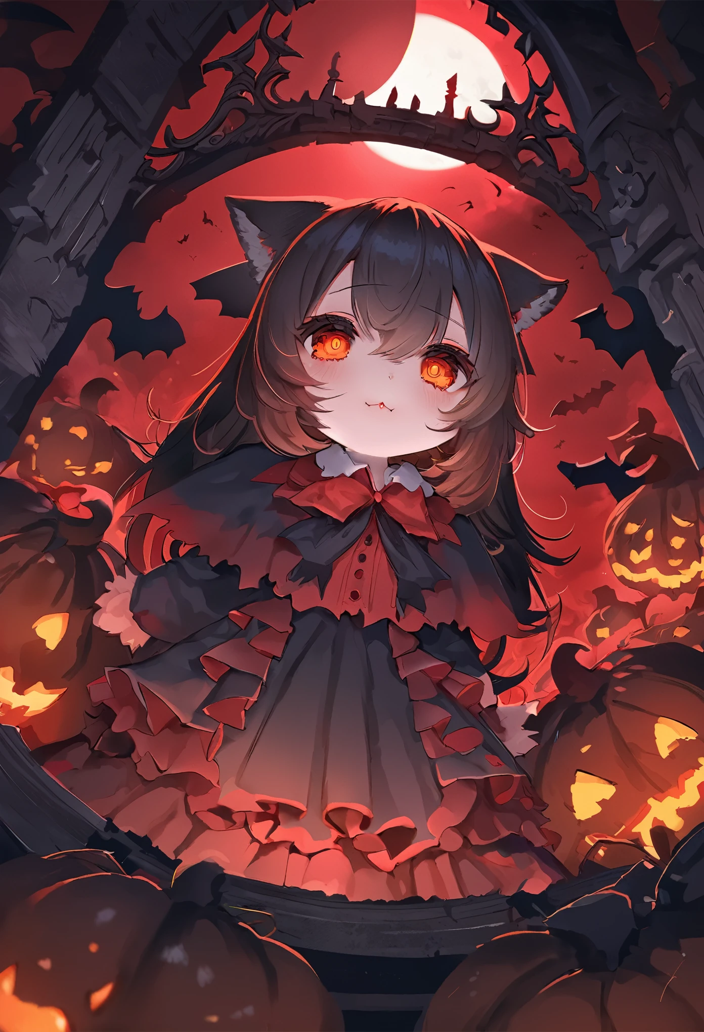 (epic, dynamic angle)top quality, best quality, High-quality illustrations, masterpiece, While creating a Halloween atmosphere, vampire with furry elements, (kemono, super cute girl, solo focus)(furry anthro)(highly detailed beautiful face and eyes)absurdres, perfect anatomy, Scene of a red full moon with a strong horror color,
