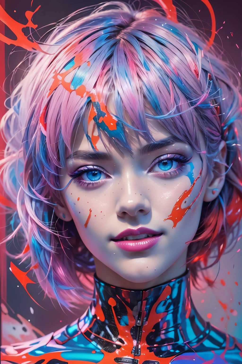 masterpiece portrait of smiling Rei Ayanami (evangelion), evangelion (Hideaki), caustics, high resolution illustration, red eyes, feminine, no pupils, blue hair,  short hair, japanese , loafers, swpunk, synthwave, paint splatters, shaded flat illustration, digital art, trending on artstation, highly detailed, fine detail, intricate, splatter, outrun, vaporware, neon colors