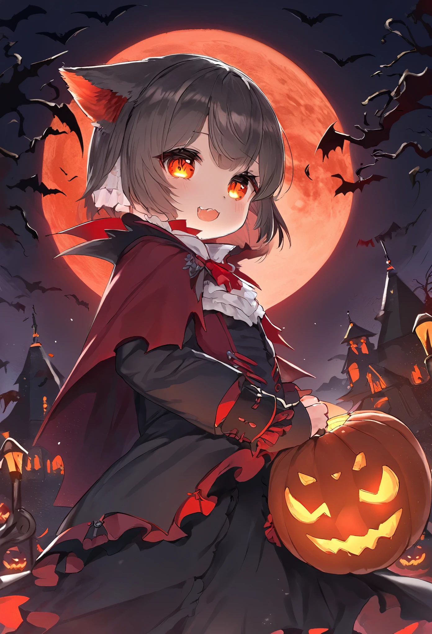 (epic, dynamic angle)top quality, best quality, High-quality illustrations, masterpiece, While creating a Halloween atmosphere, vampire with furry elements, (kemono, super cute girl, solo focus)(furry anthro)(highly detailed beautiful face and eyes)absurdres, perfect anatomy, Scene of a red full moon with a strong horror color,