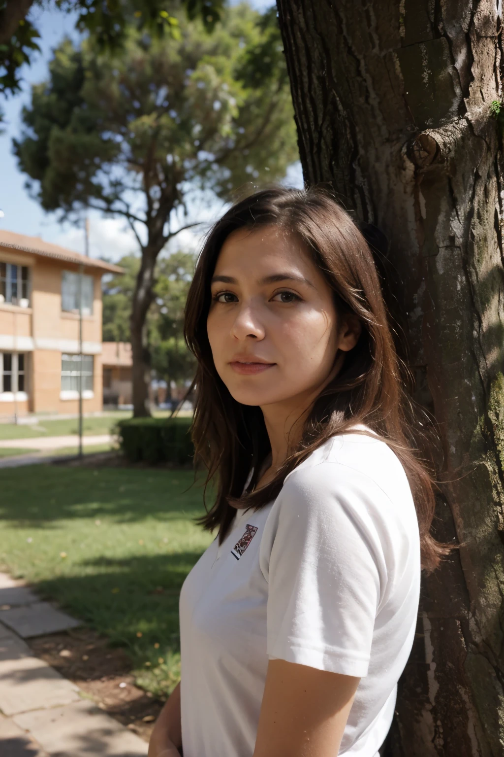 un profesor, un adulto, a and a woman talking and in the background a school with trees