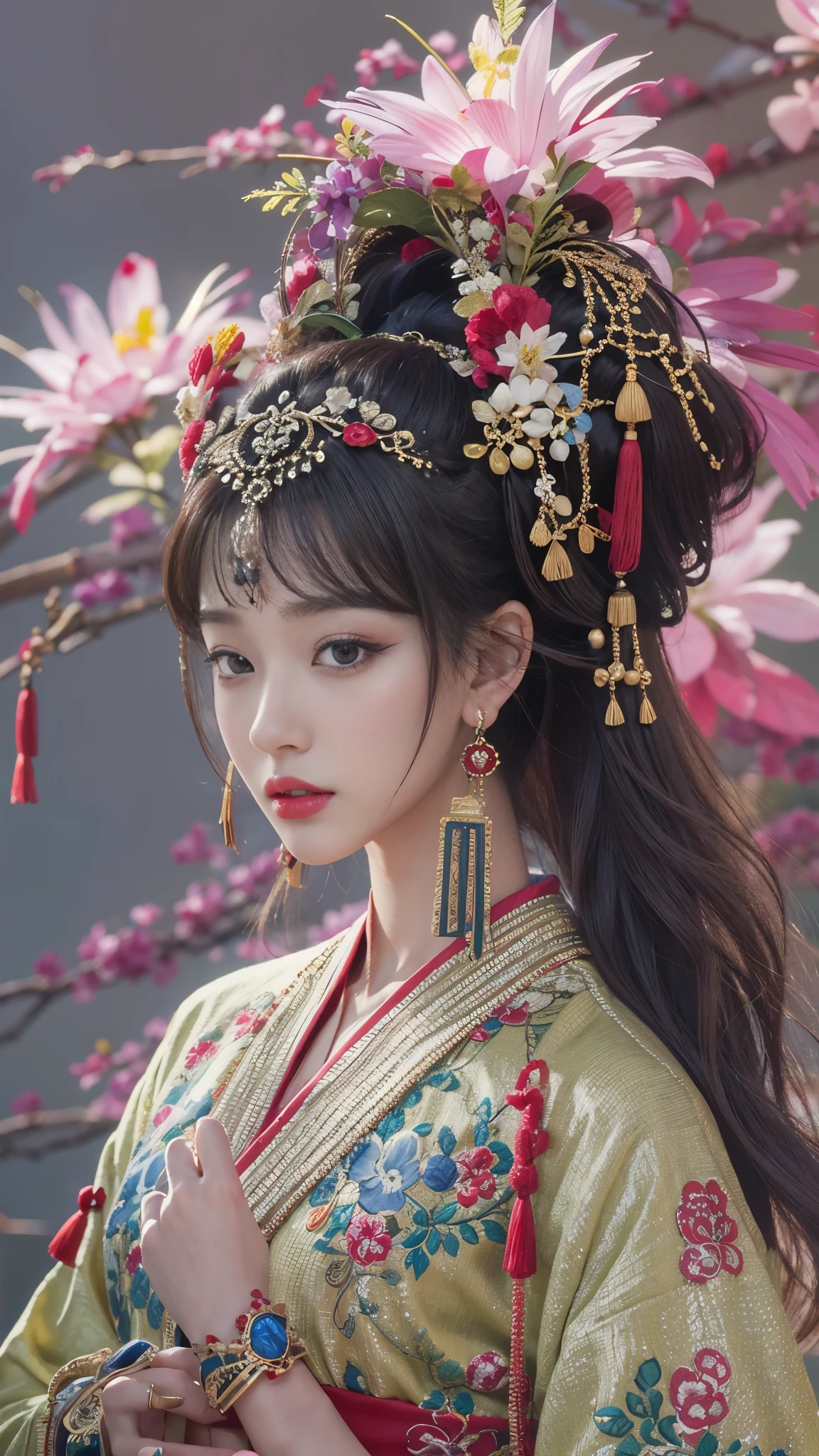 realistic, Highly Detailed CG Integrated 8 thousand Dendenden Wallpapers, Detail, High quality RAW color photos, professional photography, (8 thousand, RAW photos, best quality, table 탑: 1.2), high quality, hyper, pale face, red lips, 8 thousand, chinese makeup, open shoulder, colorful eye makeup, profile, table, wearing ancient chinese clothes, dynasty princess, 꽃과 함께 table에 앉아 있는, (1 woman), (table에 앉아 있는 여자 profile:1.3), (Blur the background), (완벽한 여자 profile:1.4), Concentration, reply, Look at it from the side, Beautiful profile view,