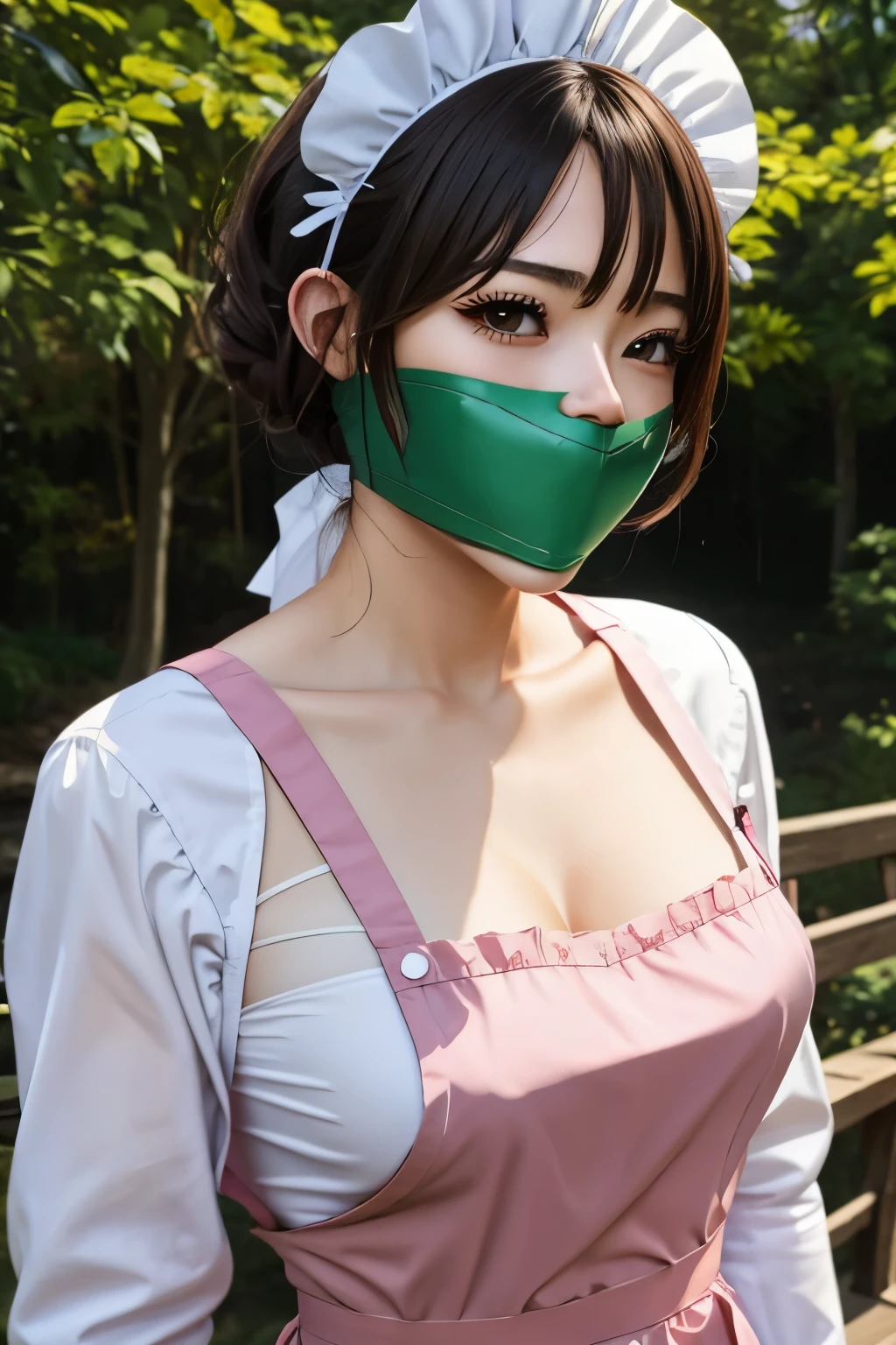 1girl, solo, wrapgag, tape gag, gagged, light blush, maid, maid headdress, maid apron, long sleeves, outdoors, upper body,