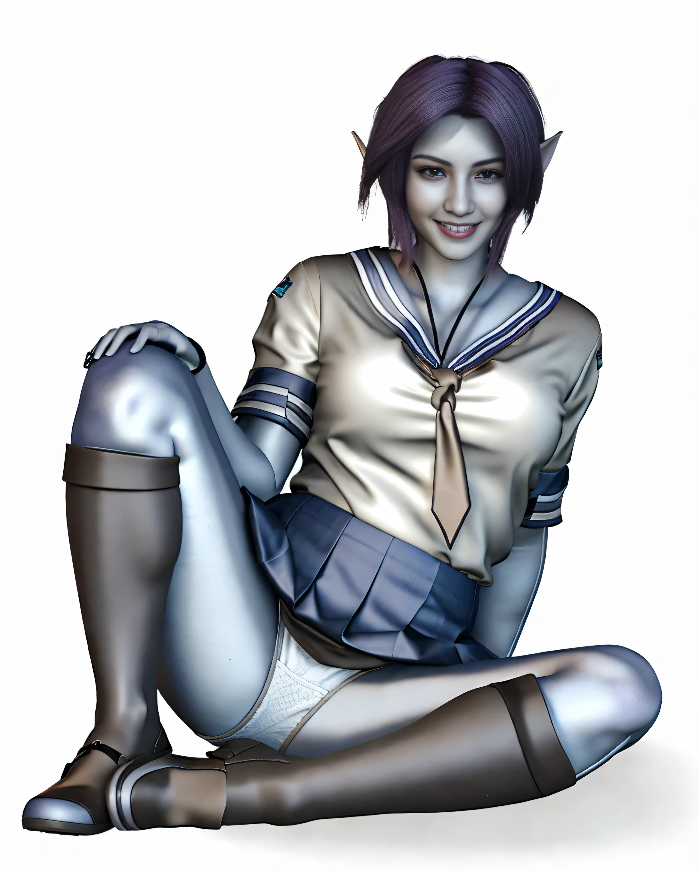 ((masterpiece, best quality)), ((19 year old)), (((Curvy))), ((Dark Elf woman with medium length dark purple hair)), sitting, blue and white uniform, blue pleated skirt, ((white cotton panties)), black socks, brown shoes, smiling, (((realistic 3D game model)))