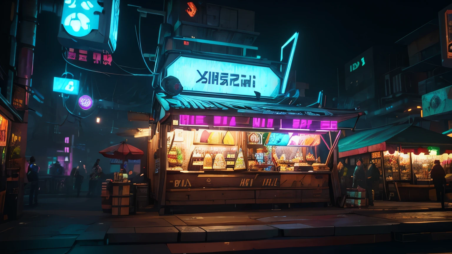 A food stall, cyberpunk vibe, focus on the foreground, realistic, 3d render, hyper resolution, signboard ( written Uncle Kari), robot assistant