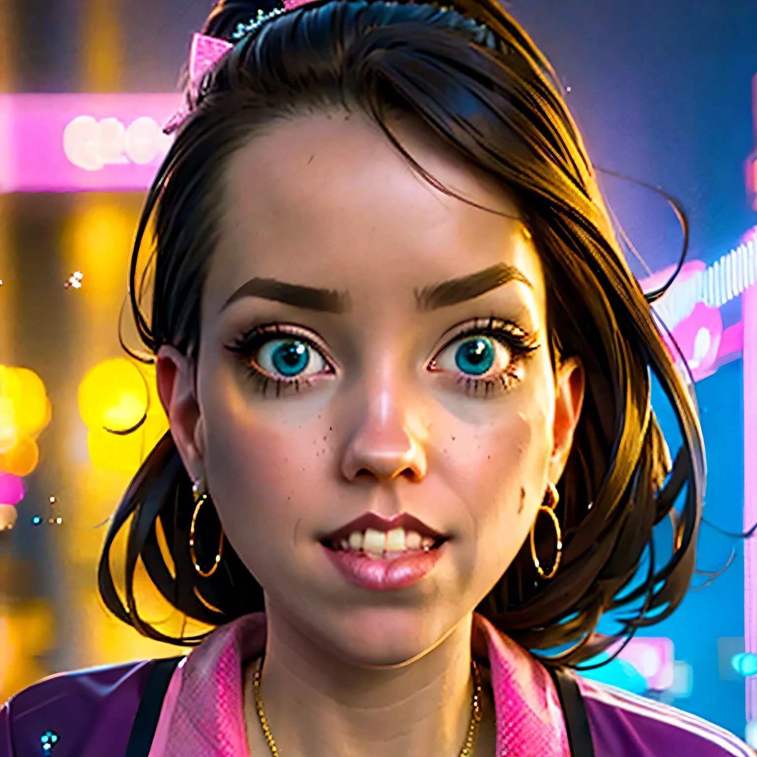 coopie 1girl, a cute girl wearing a sequined little black dress and purple high heels encrusted with diamonds, flowers in her hair, pink ribbon tied to her high pony tail, biting bottom lip, sexy and seductive look, sparkly eyes, round dark-framed eyewear, diamond bracelets, big hoop earrings, synthwave vibes, pink blue and purple neon lights and glows, brown hair, Surrealism, high detail, Futurism, backlighting, ray tracing, god rays, glowing light, sparkle, chromatic aberration, cinematic lighting, depth of field, motion lines, UHD, masterpiece, ccurate, super detail, best quality, 16k