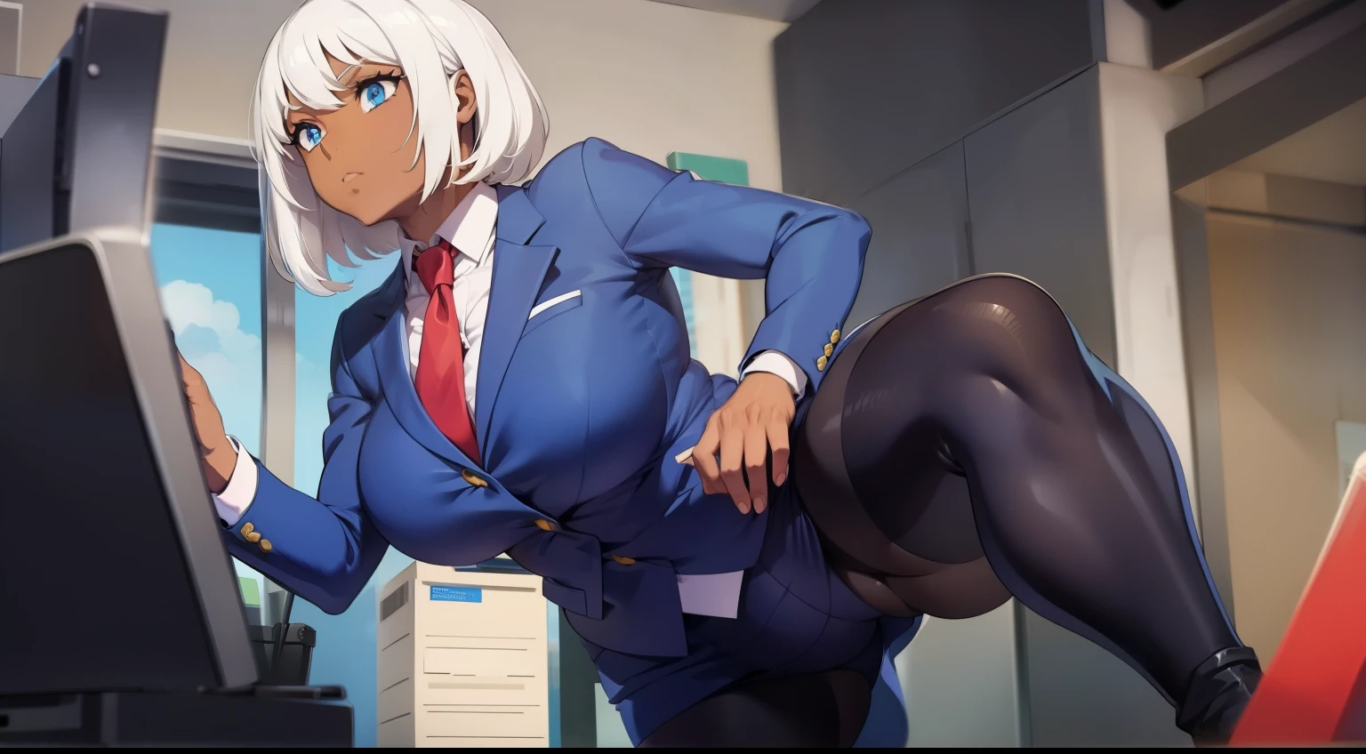 (best quality:1.2), beautiful, perfect eyes, perfect face, 1girl, solo, dark skin female, muscular female, white hair, business suit, pencil skirt, black pantyhose, cowboy shot,