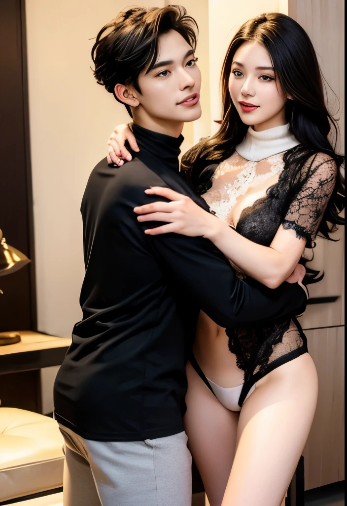 couple,1 girl,1 boy,different hair colors,long golden hair,Turtleneck and lace lingerie,silk socks。short black hair,wavy and(green eyes),Lace T-shirts and underwear,different heights,eyes with details,Face,hand。they look at the audience。they hug。flowers(清晰的hand指:2.0)(clear facial features:2.0)