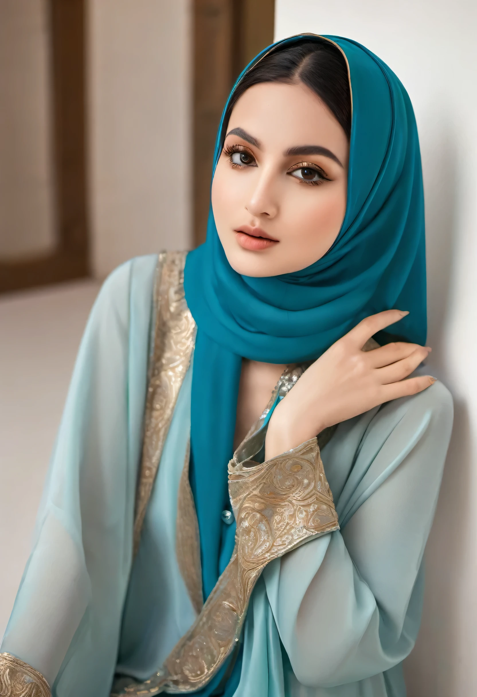 Copy
((Masterpiece, best quality, photography, detailed skin, realistic, photo-realistic, 8k, highly detailed, full length frame, High detail RAW color art, diffused soft lighting, shallow depth of field, sharp focus, hyperrealism, cinematic lighting, hijab, a 26 years old woman in a beautifully makeup, eyeshadow, beautiful big eyes, long eye lashes, wearing (blue satin hijab), loosely tide hijab style, ((Taupe satin kaftan)),