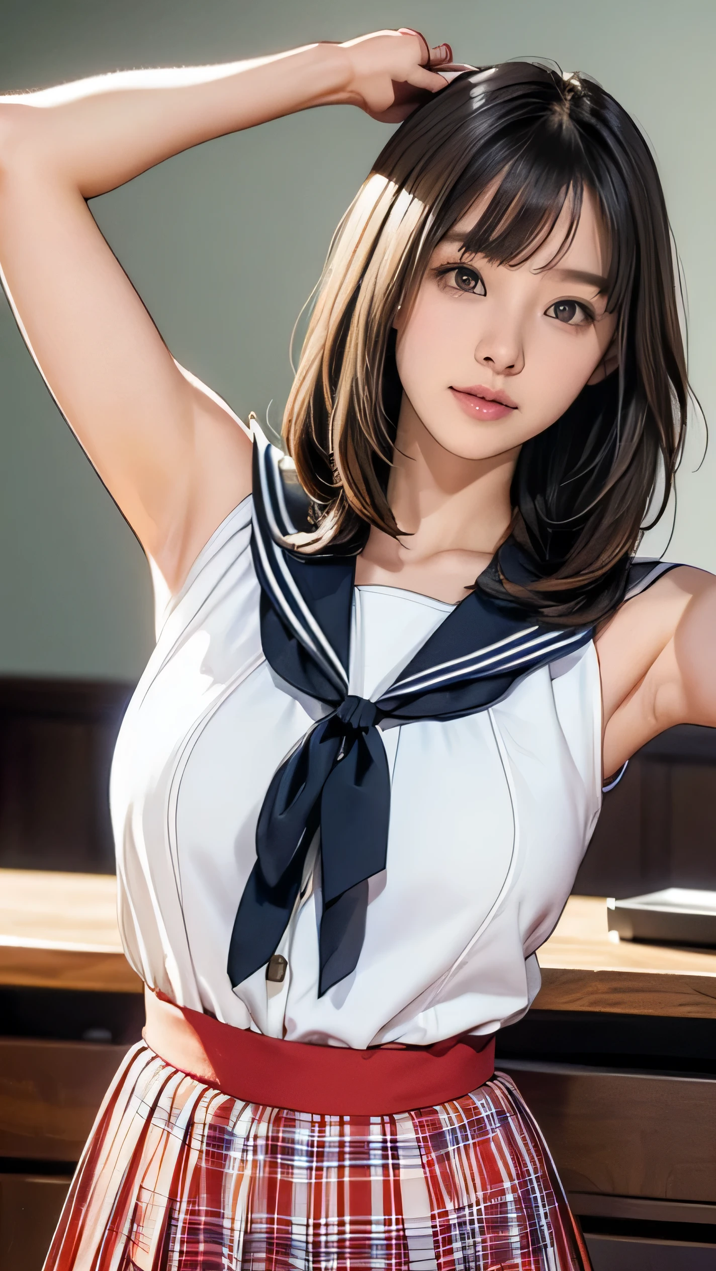 Highly detailed CG Unity 8k wallpaper, Very delicate and beautiful, Shockingly, Finely, official art, absurd, incredibly absurd, Ultra Detailed,The light shines on your face,Looking at the audience, (perfect woman image), Slimウエスト, Full Body Esbian, permanent, ((Sailor Suit, Plaid skirt, Collared shirt, abdomen, Open your clothes, sleeveless tops)), bare arm, Bangs, (best quality, 4K, On the table: 1.3), Beautiful Japanese Araphi woman、15age、Surreal, 1 girl,The face is rich in detail,Lip detail, Beautiful eyes,double eyelids, (Beautiful and delicate lips),Sexy face、Light brown hair、Medium Length Hair、(Seductive figure: 1.2), (Thin waist:1.1)、Flowing hair、((Solitary))、 Half-smile, Color Background, Looking at the audience,big breasts Thin waist,Movie Lighting, ((15ageの女の子, Slim, Thin waist, Thin thighs, Thin arms)), ((Raise your arms, Expose your armpits))