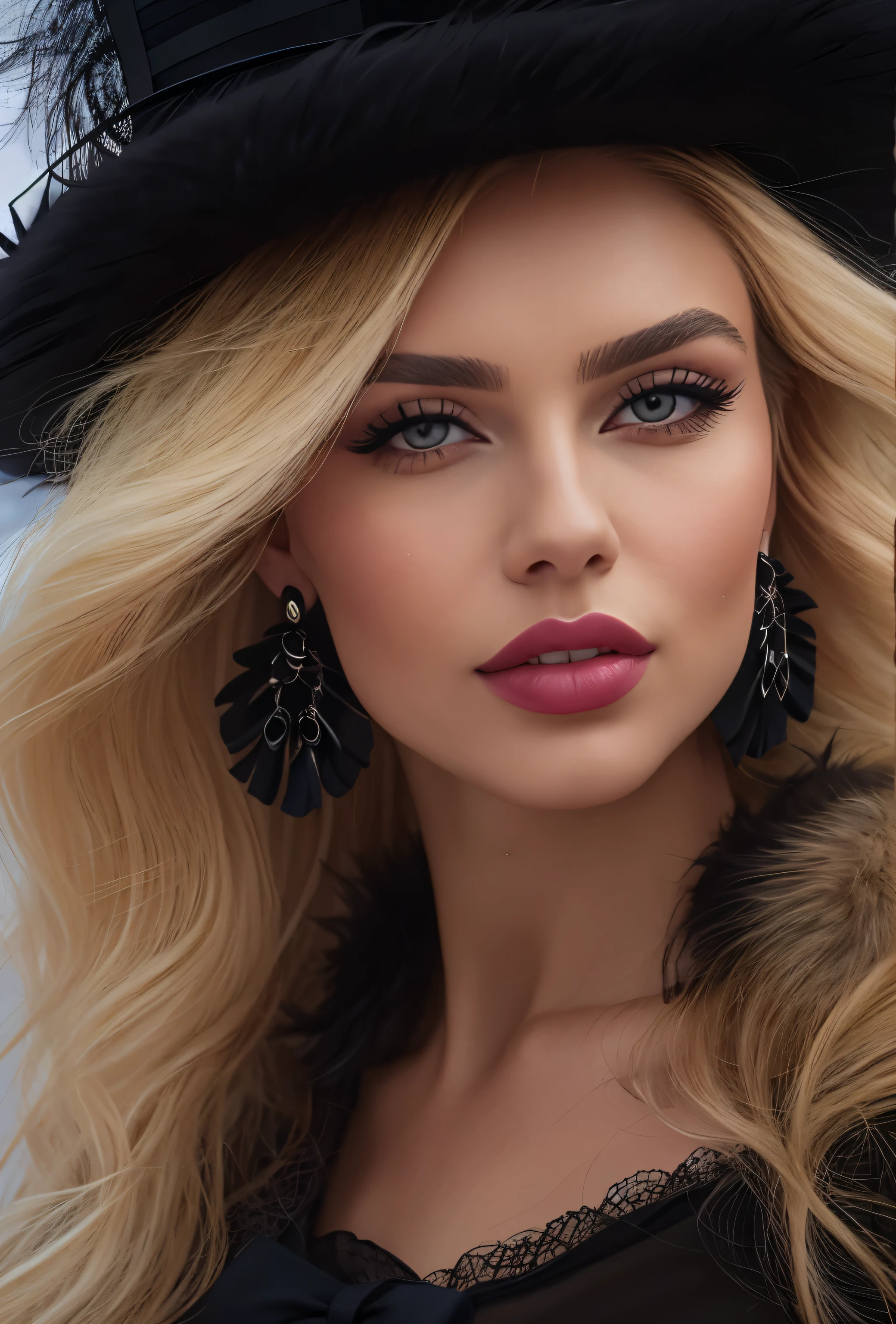 a close up of a woman wearing a black hat and earrings, sleek dark fur, black fur, Russian style, very beautiful fur, fine fur, Dasha Taran, dark fur, Fur details, top hat, Anastasia Ovchinnikova, black hat, synthetic fur, Elena Belova, wearing a top hat, Julia Gorokhova