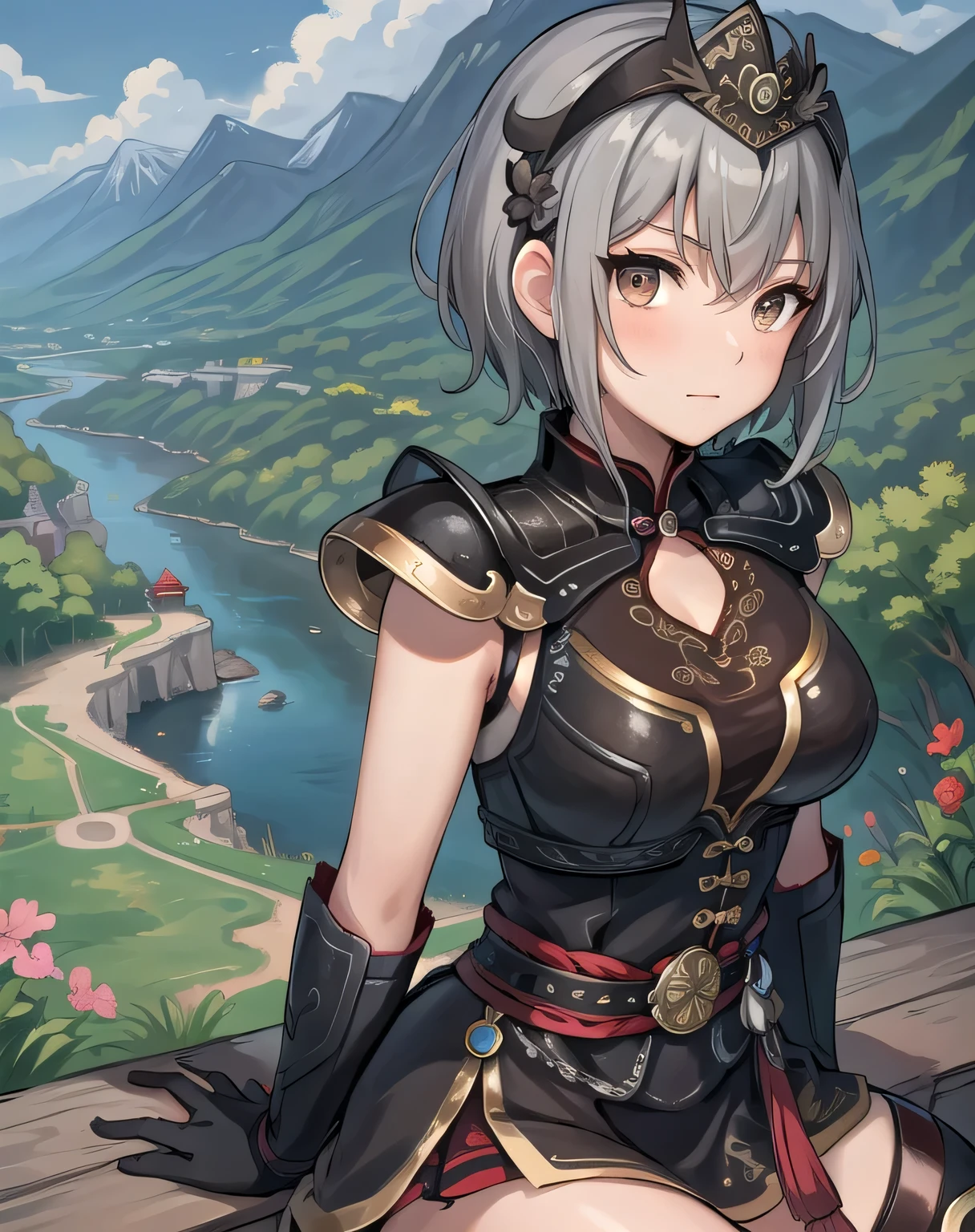 best quality, (masterpiece:1.2), illustration, absurdres,
(1girl, solo), (beautiful detailed girl),
Lu Lingqi, grey hair, brown eyes,  short hair, 
headpiece, feathers,
armored dress, shoulder armor, black skirt, thigh boots, armored boots, gloves, 
grassy mountains, trees, japanese architecture, river, plants,, hands between legs, (upper body, portrait),,
looking at viewer, confident,  proud,