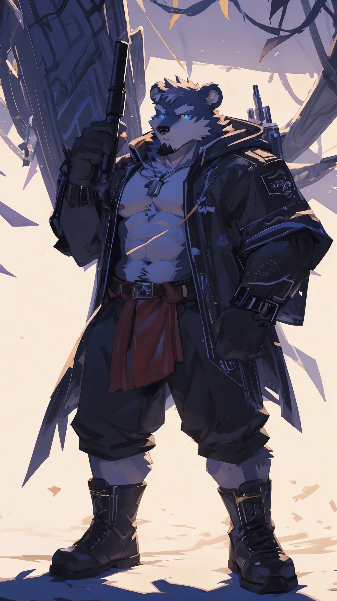 (masterpiece:1.2), best quality,pixiv,official art,perfect anatomy, (Ray tracing, light),solo, (1_male:1.3) , (muscle), (dark fur:1.4), (dynamic poses:1.3), (ultra deTailed), sharp focus, Negi, eyes, (glowing cyan eyes), hairy, (Gray fur:1.4),(muscle bear), (beard:1.2), Tail, Thick eyebrows,open hoodie, naked inside, cargo shorts, boots, ultra deTailed face, high deTails, high quality, (best quality,4K,8K,high resolution,masterpiece:1.2),bright colors, float in the sky, reach hand, (white background:1.3), (light flow:1.3), blue glow