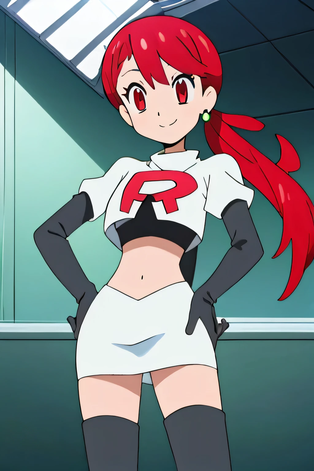 8k, masterpiece,highres, team rocket uniform, red letter r, white skirt,white crop top,black thigh-high boots, black elbow gloves, smiling, looking down at viewer, hands on hips, cowboy shot, zettai ryouiki,from below, black pantie shot,anime style, vivid colors, sharp focus, intense lighting,red hair, pony tail, red eyes ,glossy lips, light makeup, eye shadow, earrings